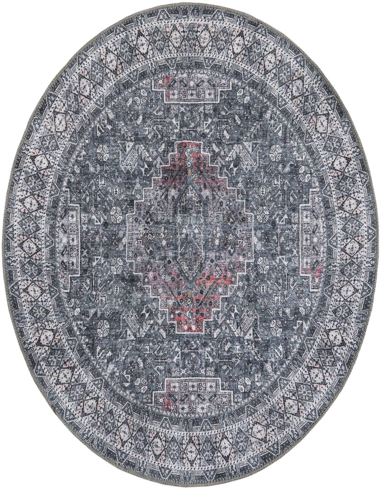 A 3' 6 round gray traditional rug with an oriental medallion pattern and hints of red, featuring a flatweave and textured pile.