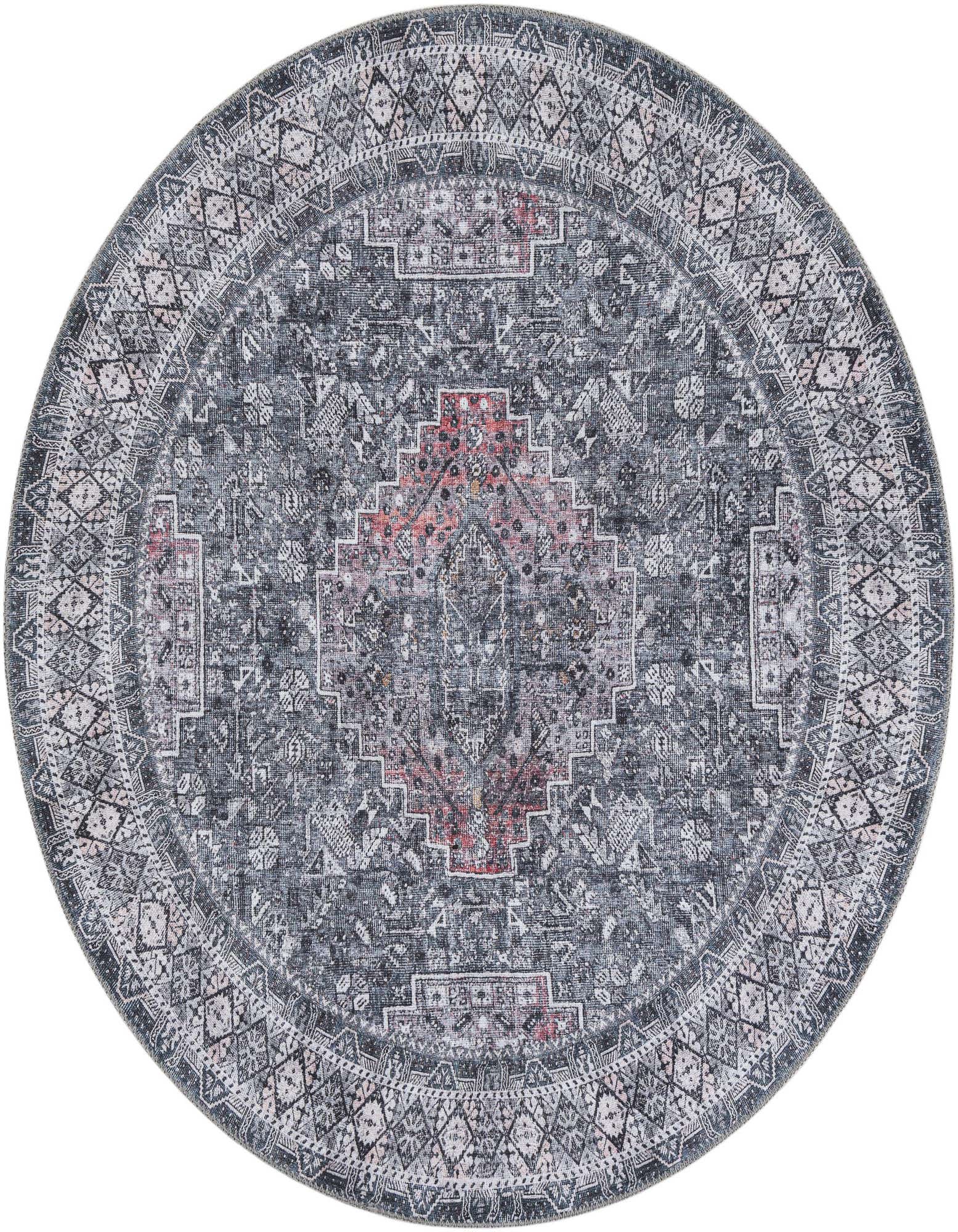 A 5'1" round gray oriental rug with a distressed medallion pattern and subtle red accents, ideal for indoor spaces.