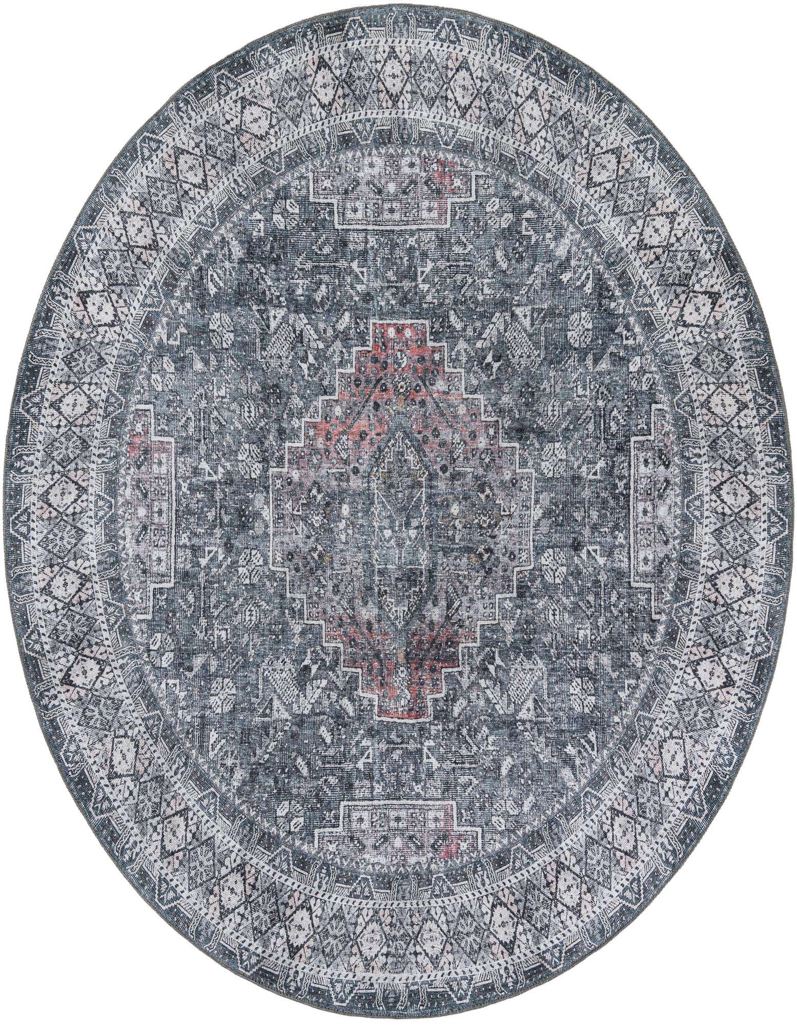 A 7' 10 round gray traditional rug with an intricate Oriental pattern and subtle red accents.