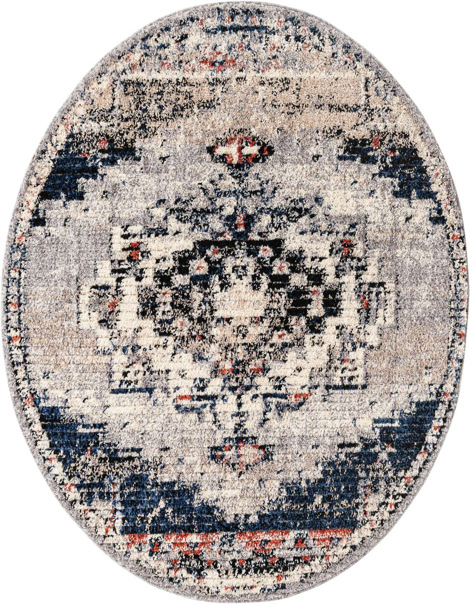 A 5' 0 round gray rug with a distressed traditional medallion pattern in shades of blue, black, and rust.