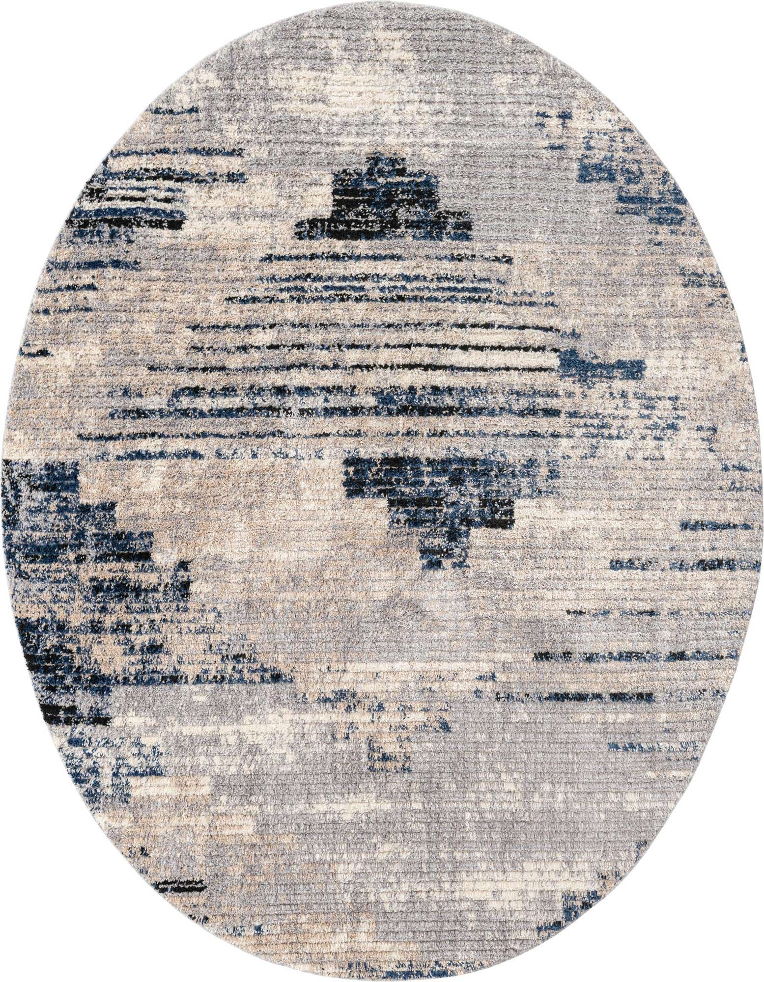 Round gray and silver shag rug with abstract dark blue and black patterns, suitable for modern indoor spaces.