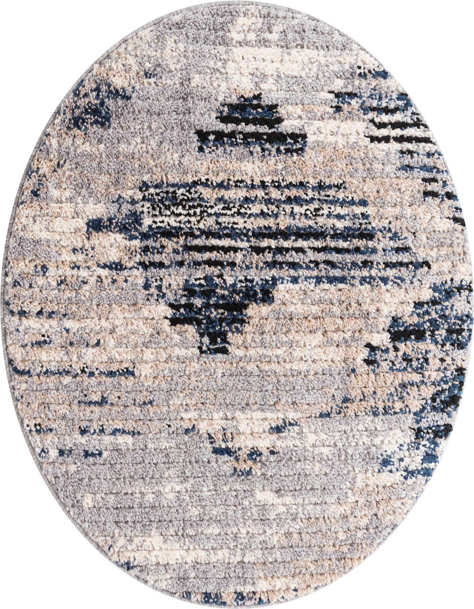 A 3' round gray modern abstract shag rug with accents of blue and beige, providing a soft texture.