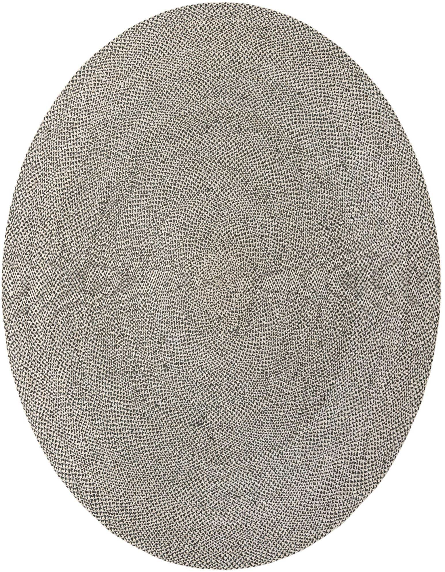 A 10-foot round gray jute rug with a modern braided texture, perfect for an indoor living space.
