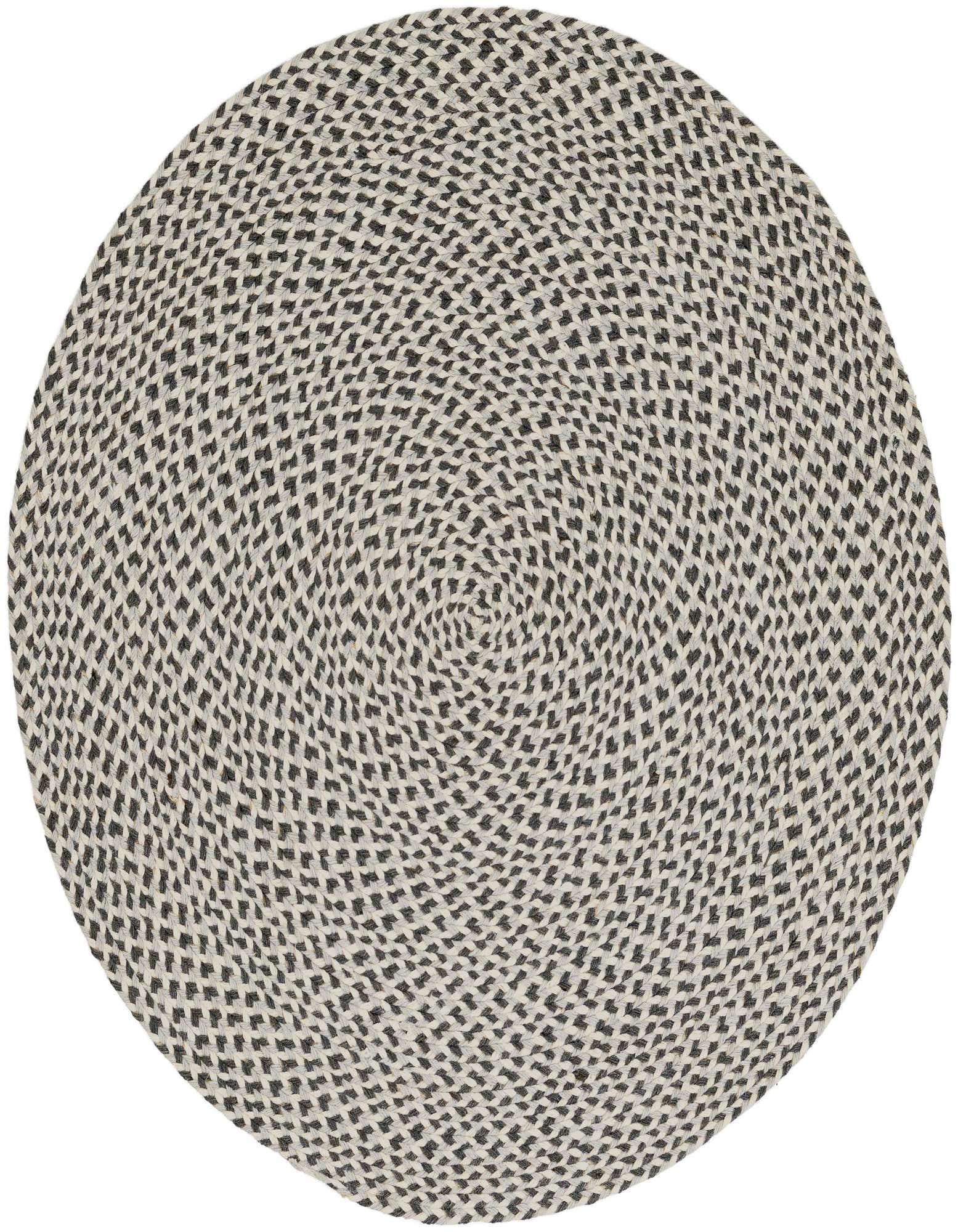 A 3' 1 x 3' 1 round gray jute rug with a modern, abstract braided pattern, suitable for indoor use.