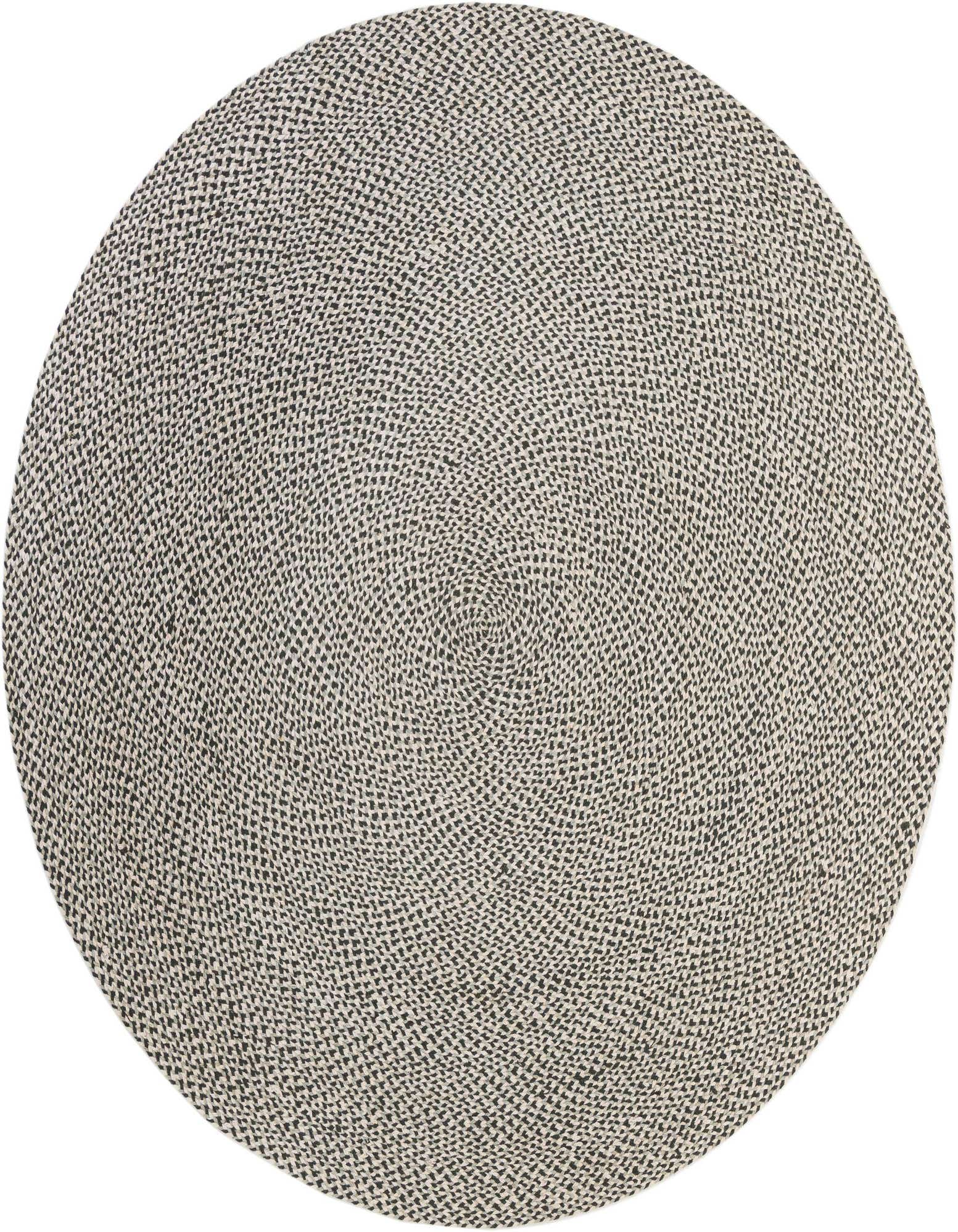 A 7' 10 round gray and silver braided jute rug with a textured, spiraling pattern, suitable for a patio or indoor space.