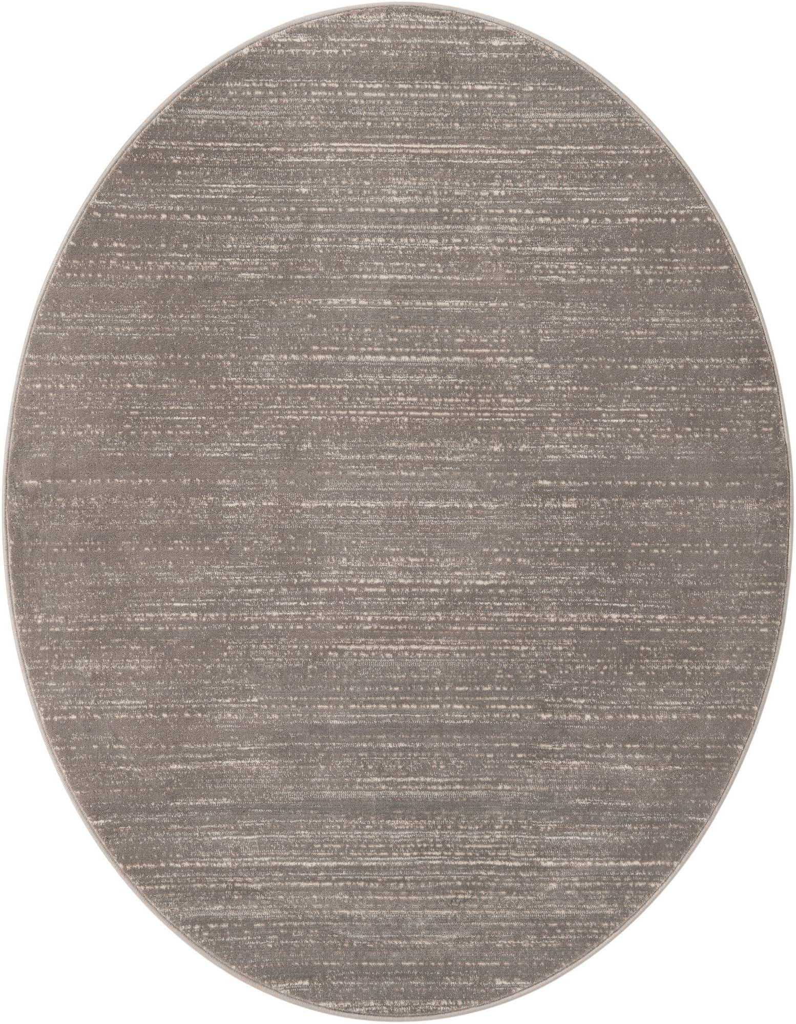 A 5' 3 x 5' 3 round gray area rug with a subtle textured modern pattern, suitable for a living room.