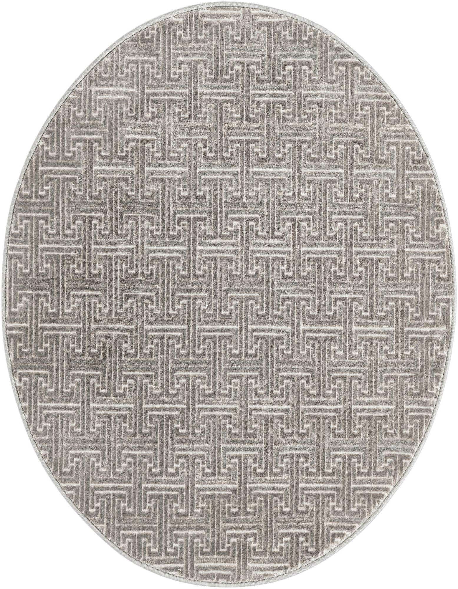 A 3' 3 round gray rug with a modern geometric interlocking pattern, featuring a thin, textured pile.