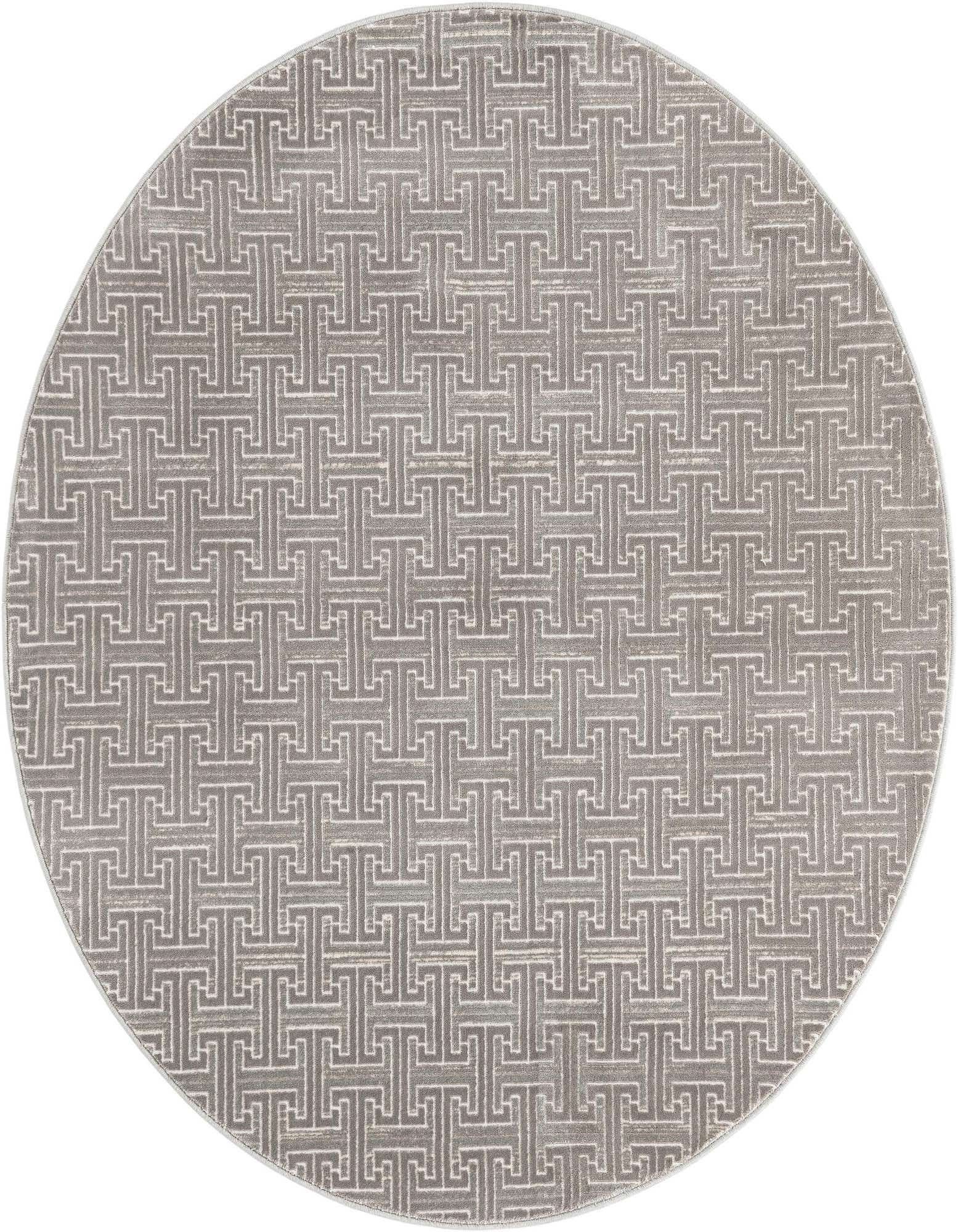 A 5' 3 round gray modern rug with a subtle geometric interlocking pattern, featuring a thin, textured pile.