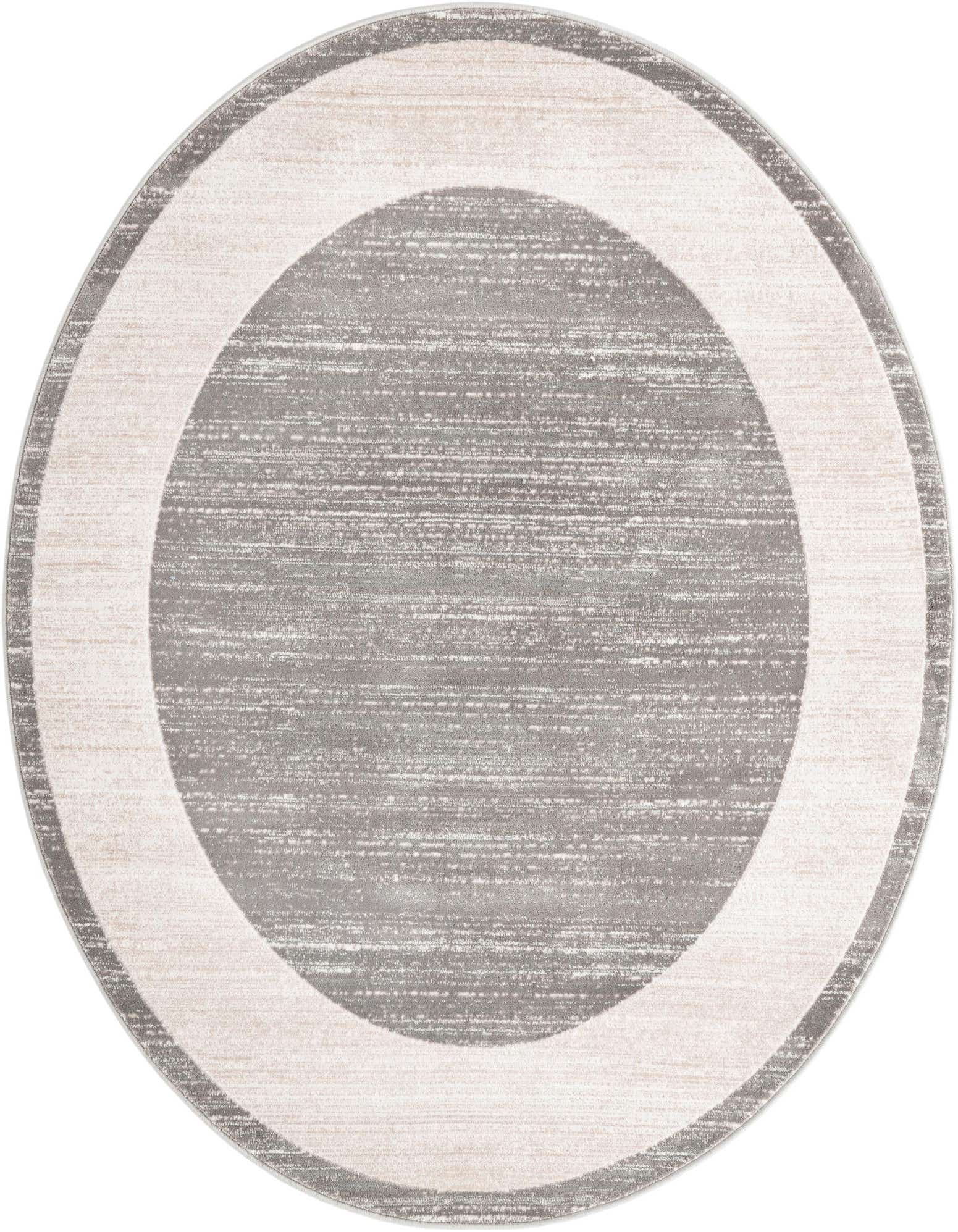 A 5' 3 round gray and silver transitional rug with a textured pile and a subtle light gray border.