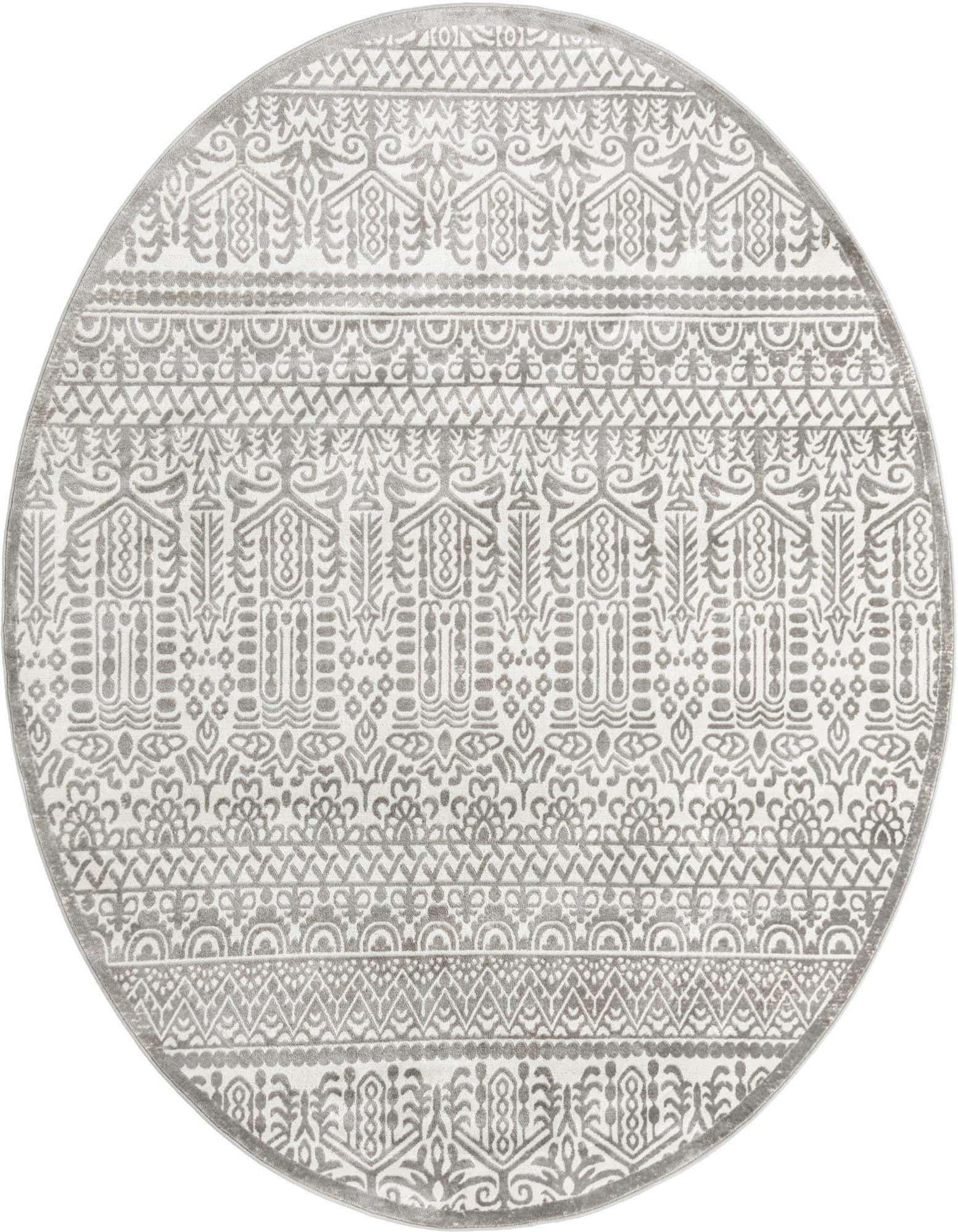 A round gray and white rug featuring a modern farmhouse stripe pattern with textured pile.