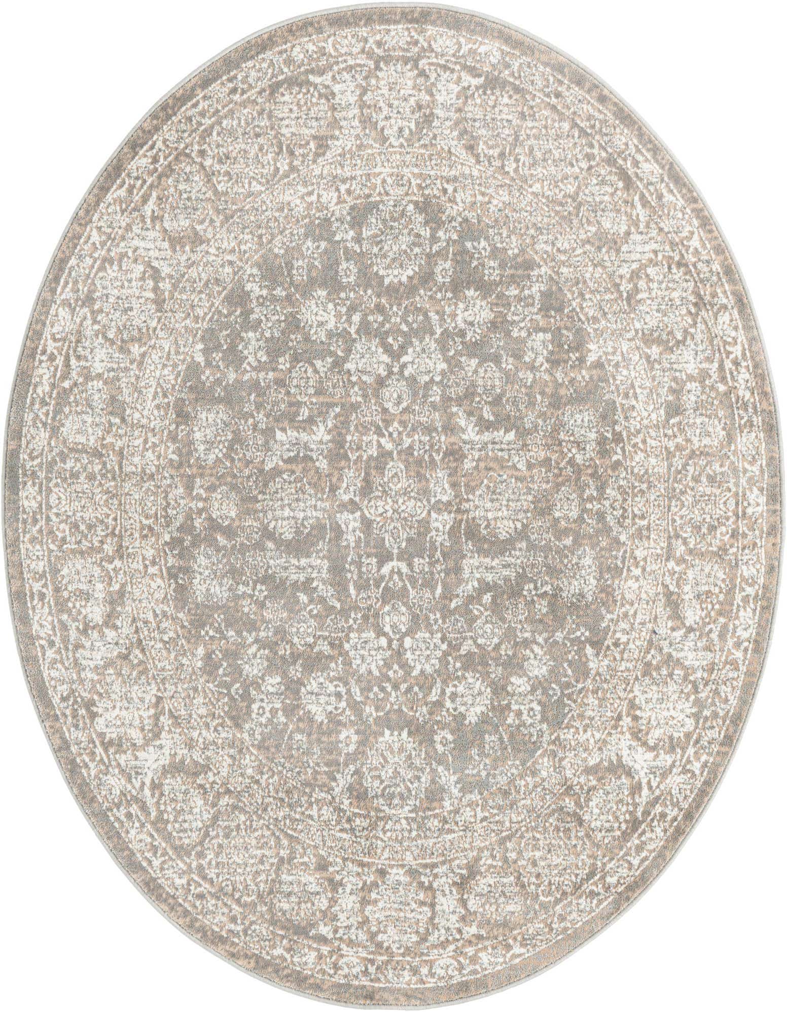 A 5' 3 round gray area rug with a distressed traditional floral and medallion pattern, ideal for a living room or bedroom.