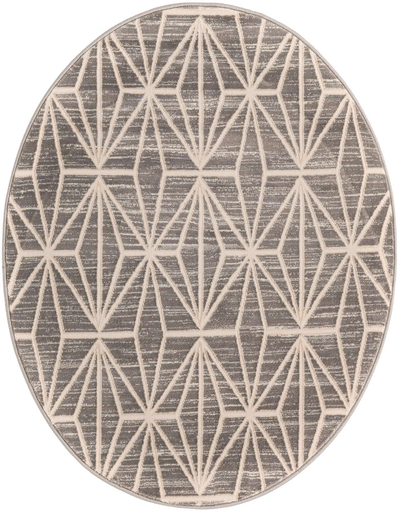 A 3' 3 x 3' 3 round gray area rug with a modern geometric diamond pattern in lighter gray, suitable for indoor spaces.