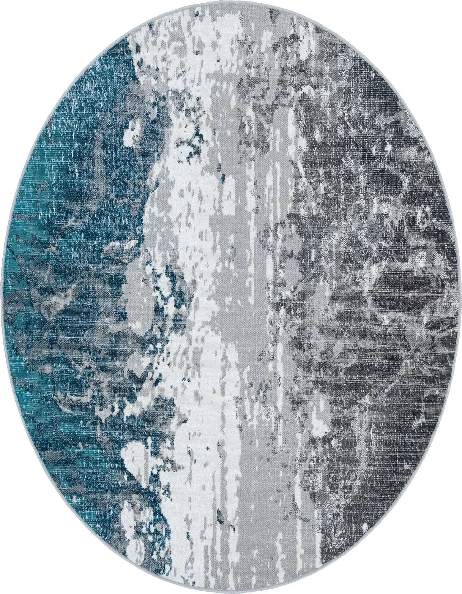 A 5' 3 round rug featuring an abstract, eclectic pattern in shades of gray, silver, and teal blue, suitable for modern indoor spaces.
