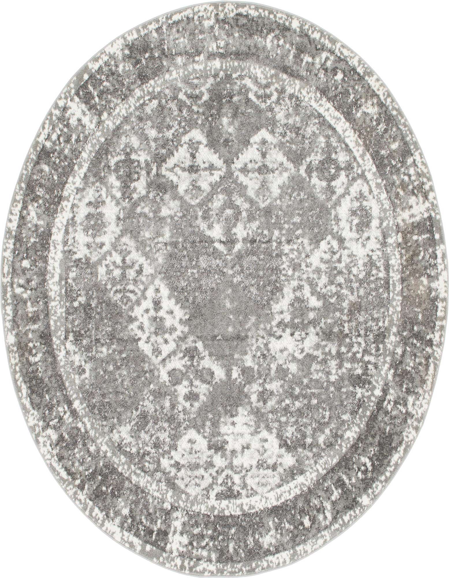 A round 8' gray and silver shabby-chic rug with a distressed trellis pattern, perfect for an indoor living space.
