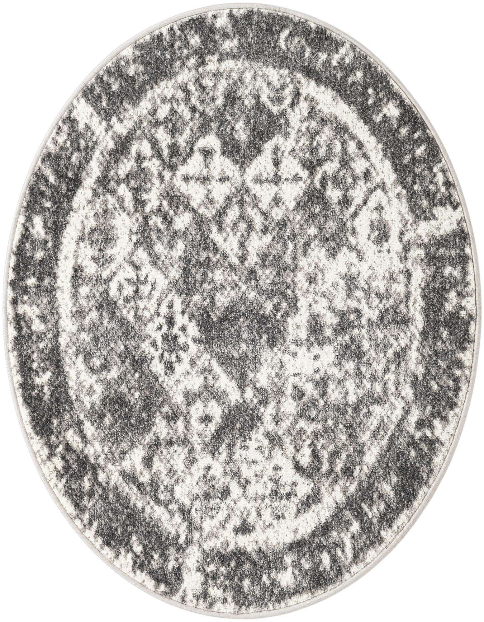 A 4' round gray and white shabby-chic rug with a distressed trellis pattern, suitable for an indoor living space.