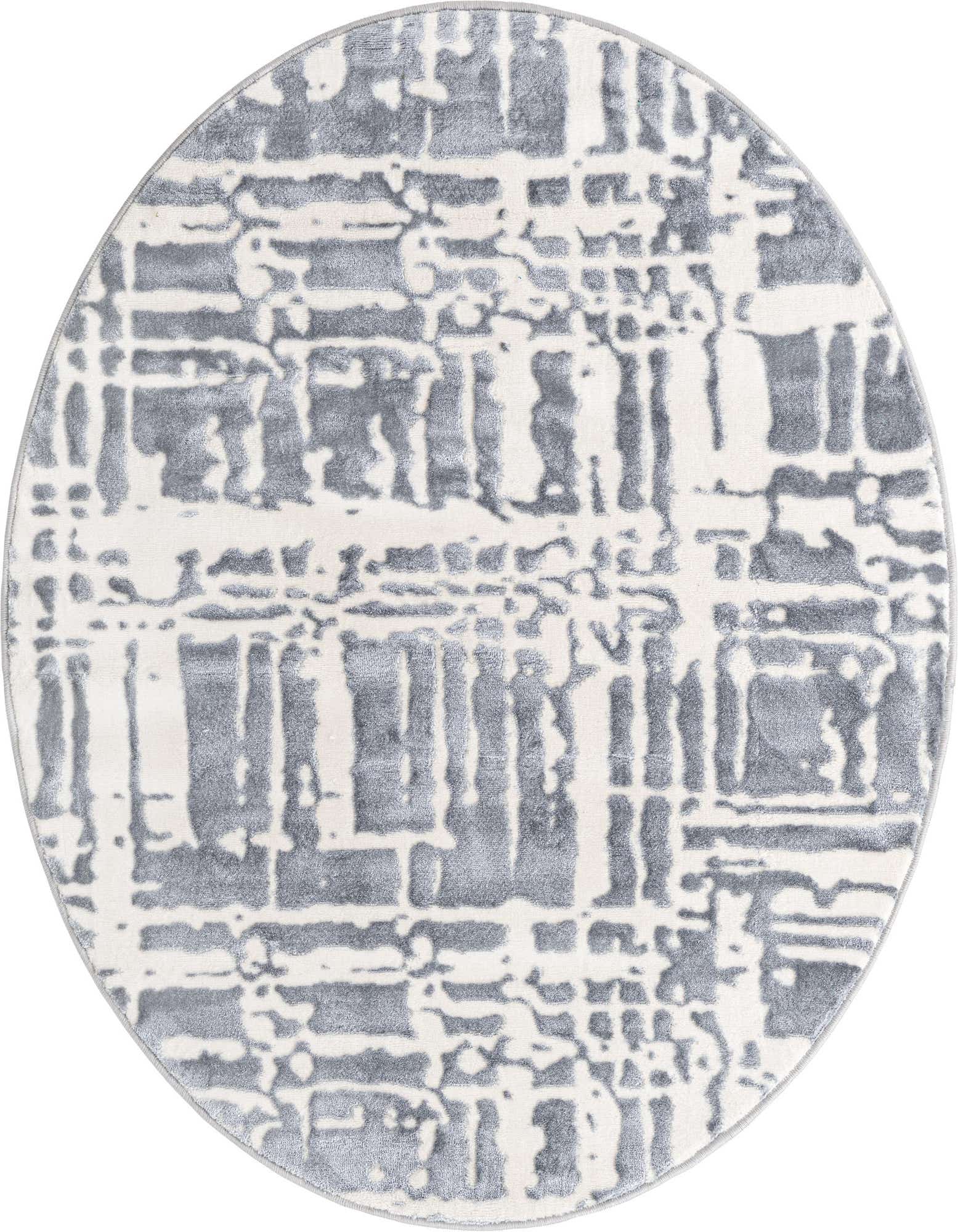 A 4' round gray and silver abstract rug with a textured, high pile, suitable for modern indoor spaces.
