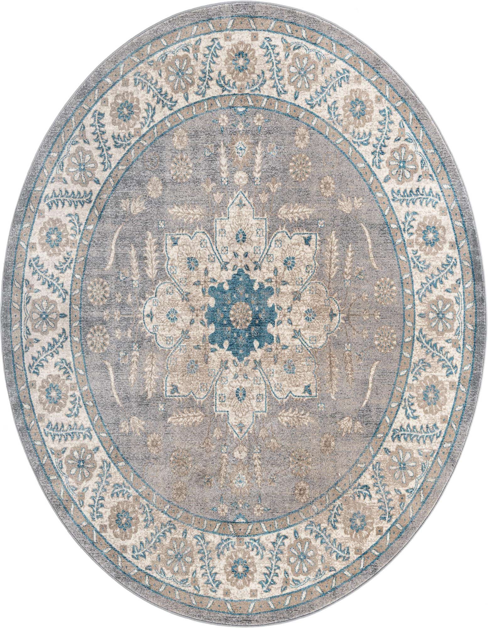 A round 8' gray polypropylene rug with a distressed traditional medallion pattern in blue, cream, and tan.