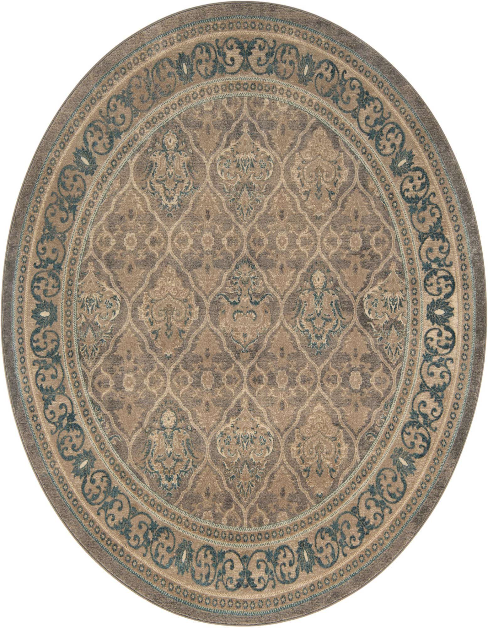 A round 8' gray traditional rug with an intricate medallion pattern and teal accents, suitable for a living room.
