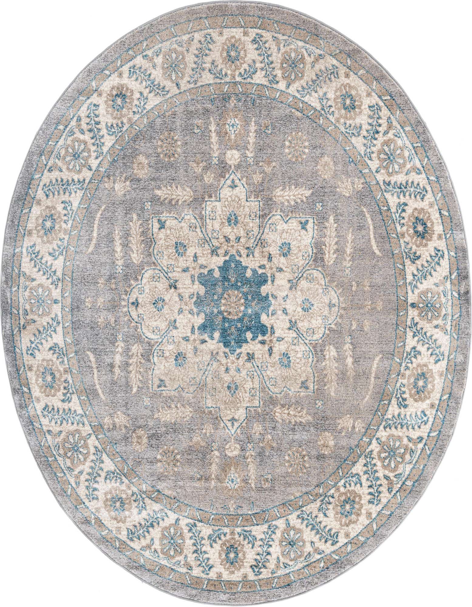 A 7' 3 x 7' 3 round gray rug with a central blue and beige medallion and a detailed floral border.