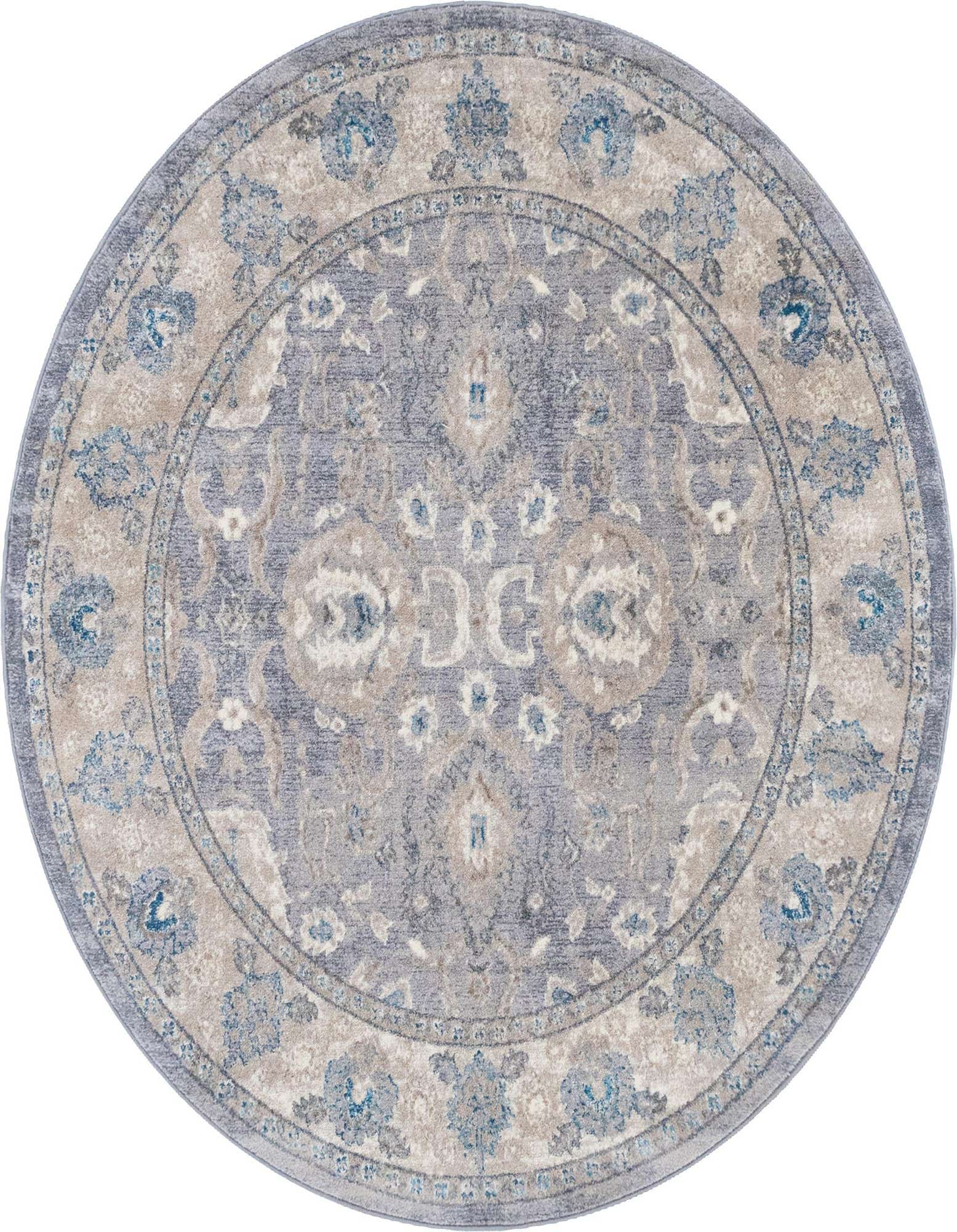 A 6' 0 round gray and silver traditional rug with a detailed floral and tribal pattern.