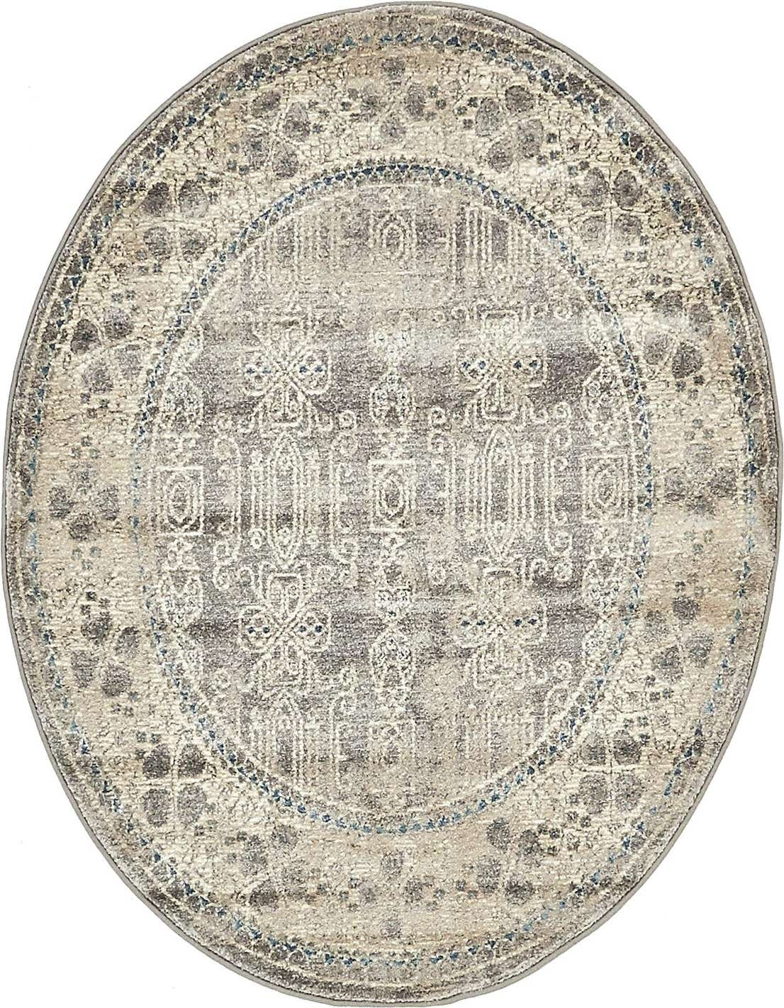 A 4' 0 x 4' 0 round gray and silver traditional rug with a distressed botanical pattern and blue accents.