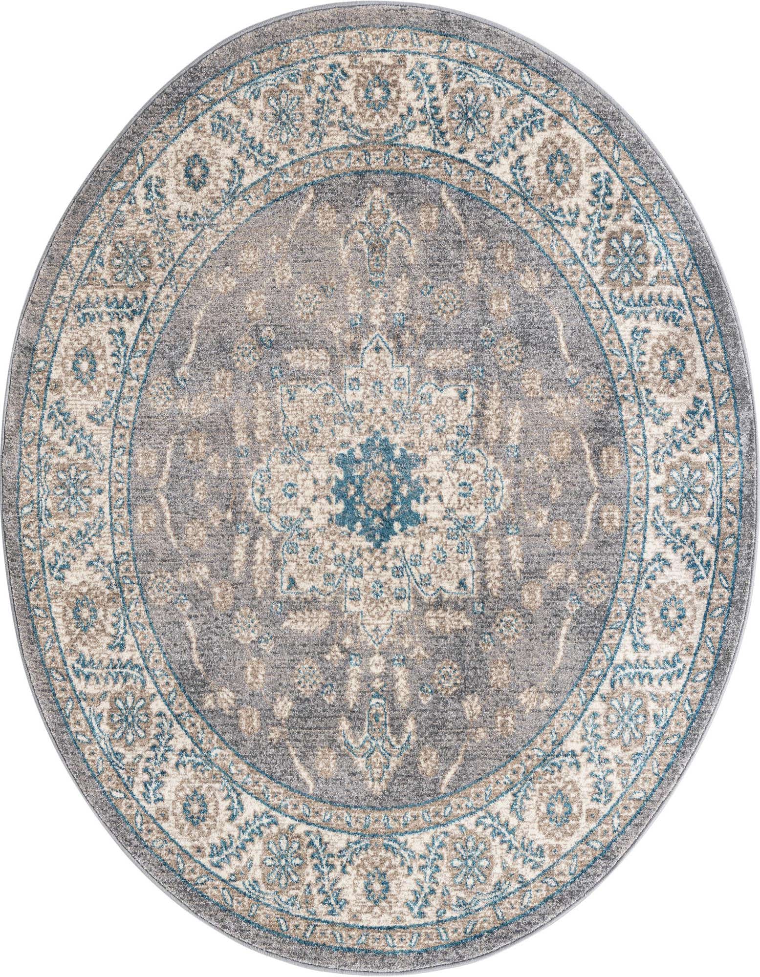 A 5' 0 x 5' 0 round gray rug with a traditional medallion and botanical pattern in teal and beige.