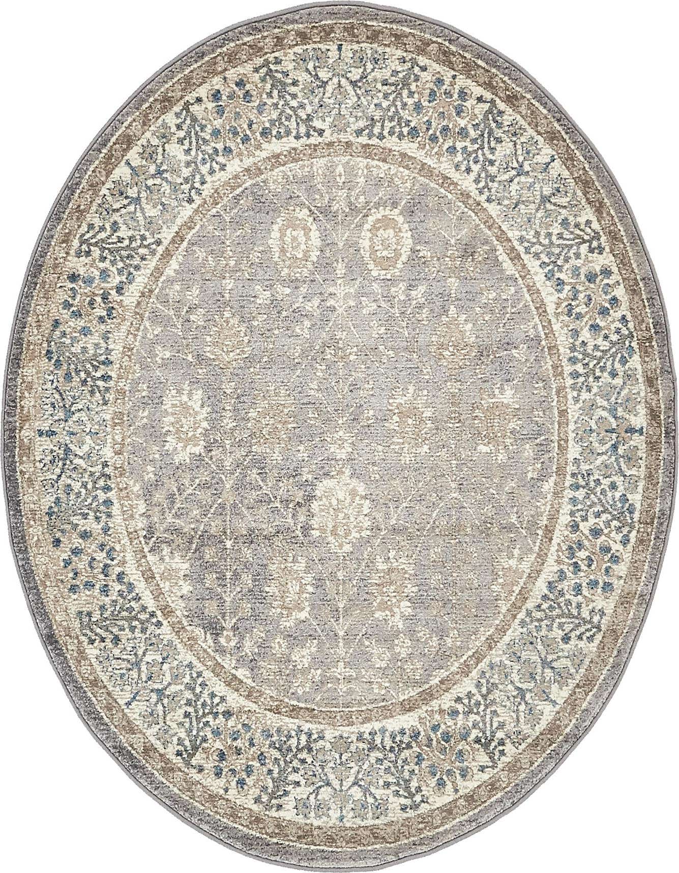 A 5' 0 round gray traditional rug with a botanical and floral pattern in shades of gray, silver, blue, and beige.