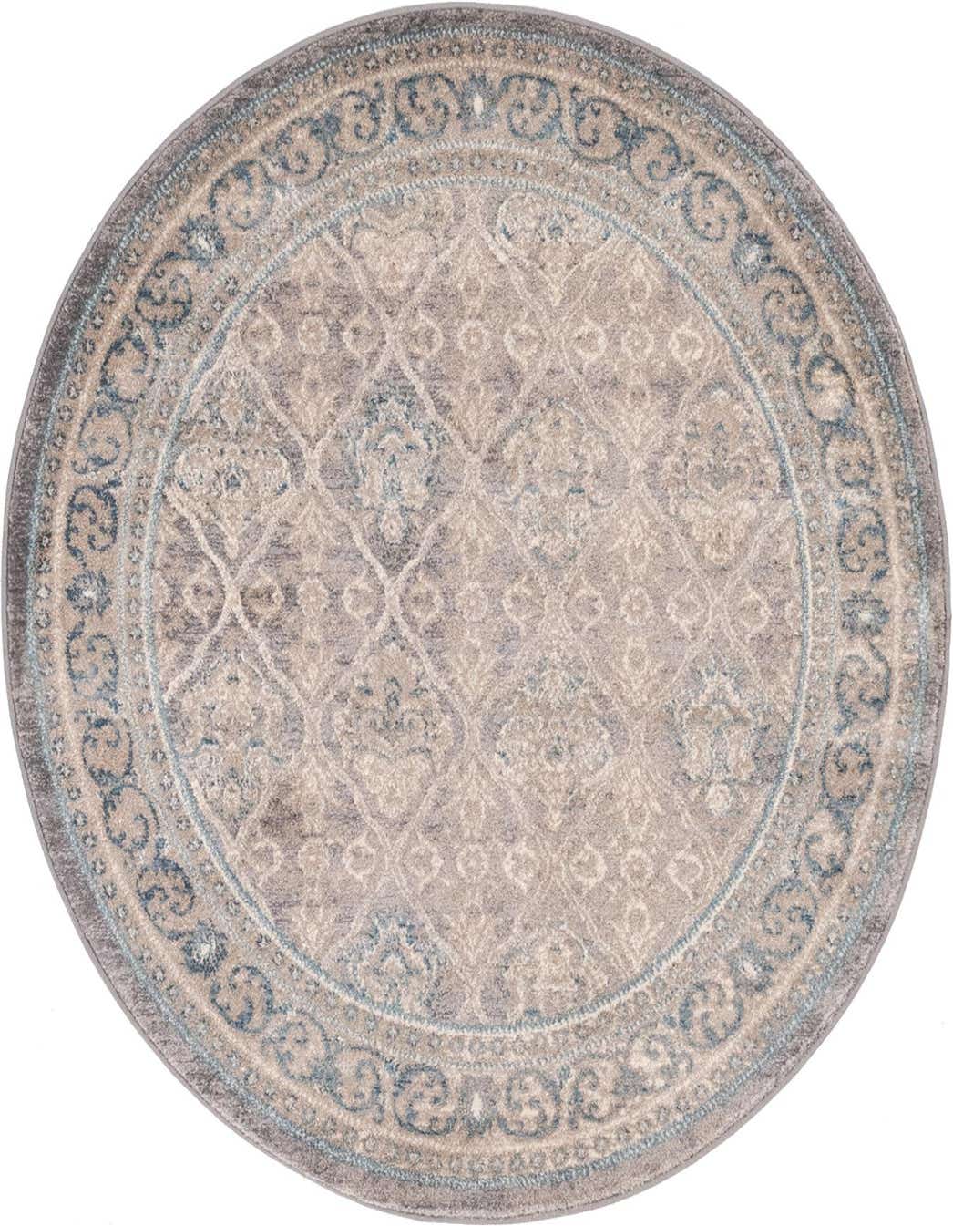 A 4' round gray and silver traditional rug with a botanical pattern and blue accents, ideal for an indoor living space.
