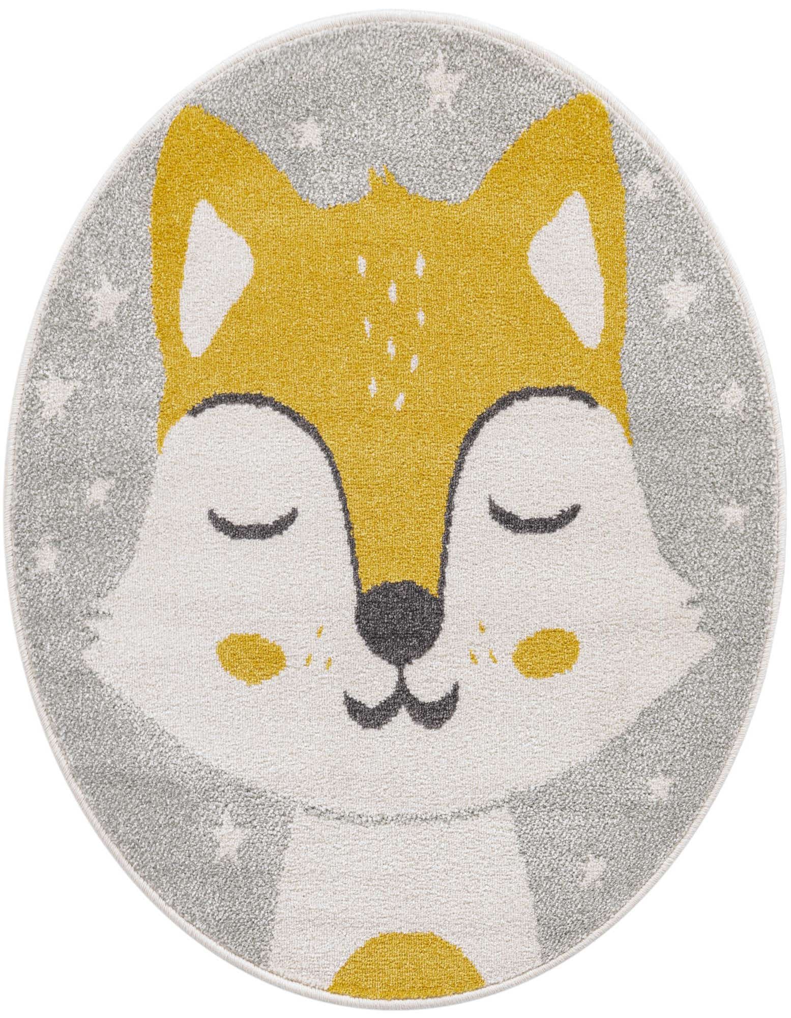 A round gray and yellow rug featuring a sleeping fox face with closed eyes, white muzzle, and small white stars on the gray background.