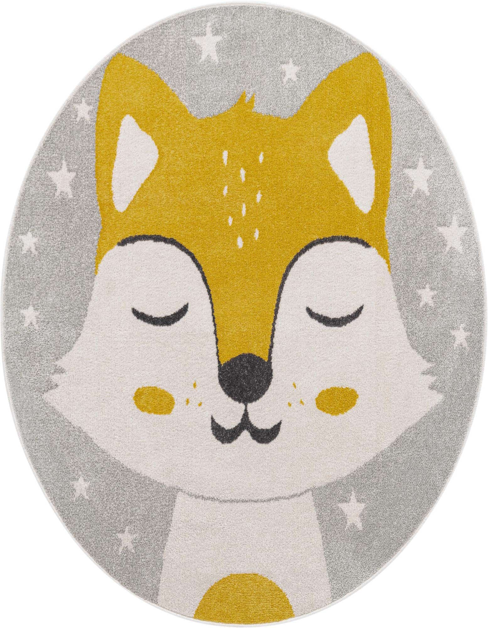 A round gray rug featuring a sleeping fox face with yellow and white fur, surrounded by white stars.