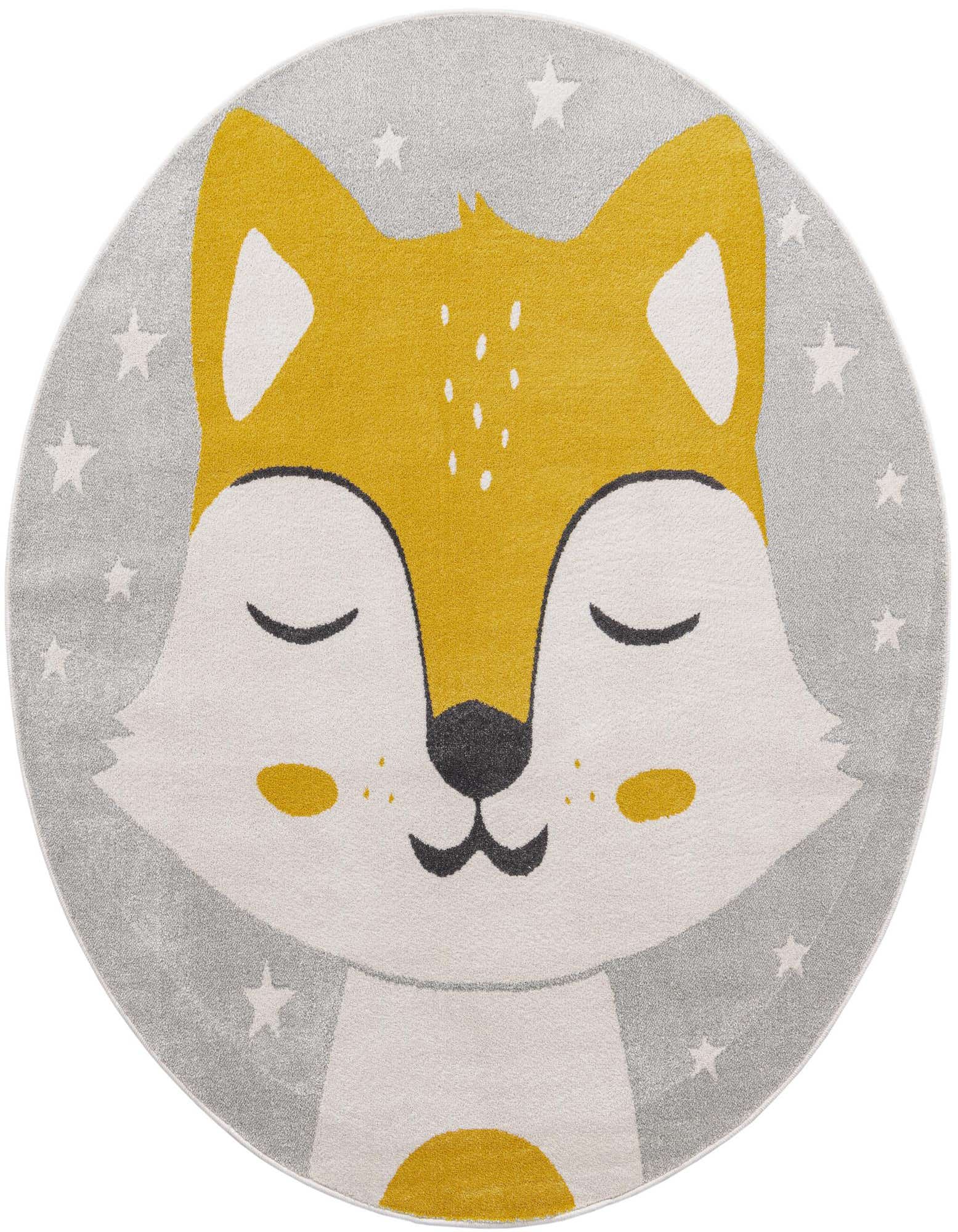 A round gray rug featuring a sleeping fox face with mustard yellow fur and white accents, surrounded by small white stars.