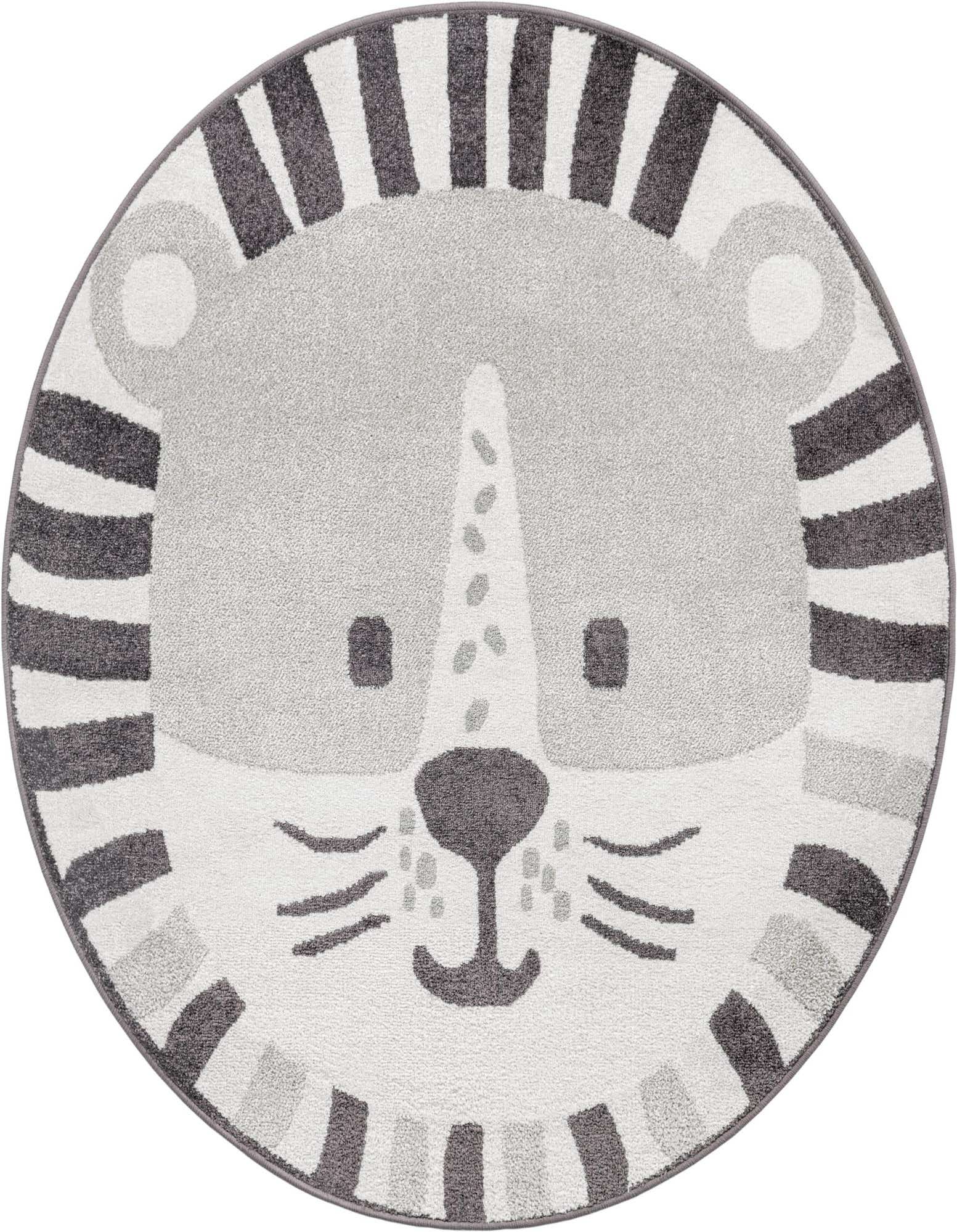 A round gray and white rug featuring a friendly lion face with dark gray stripes for the mane, perfect for a child's room.
