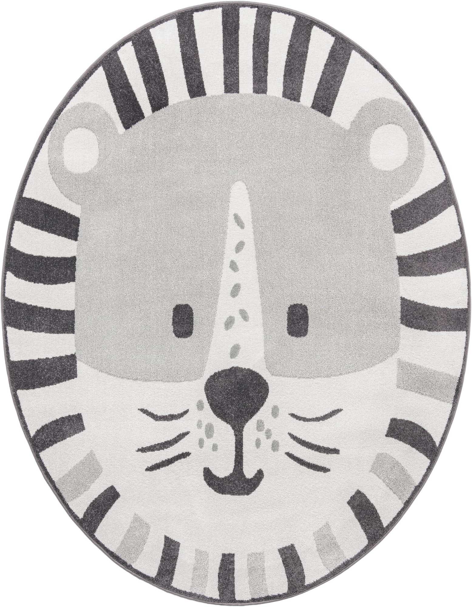 A round gray and white rug shaped like a friendly lion's face with dark gray stripes for its mane.