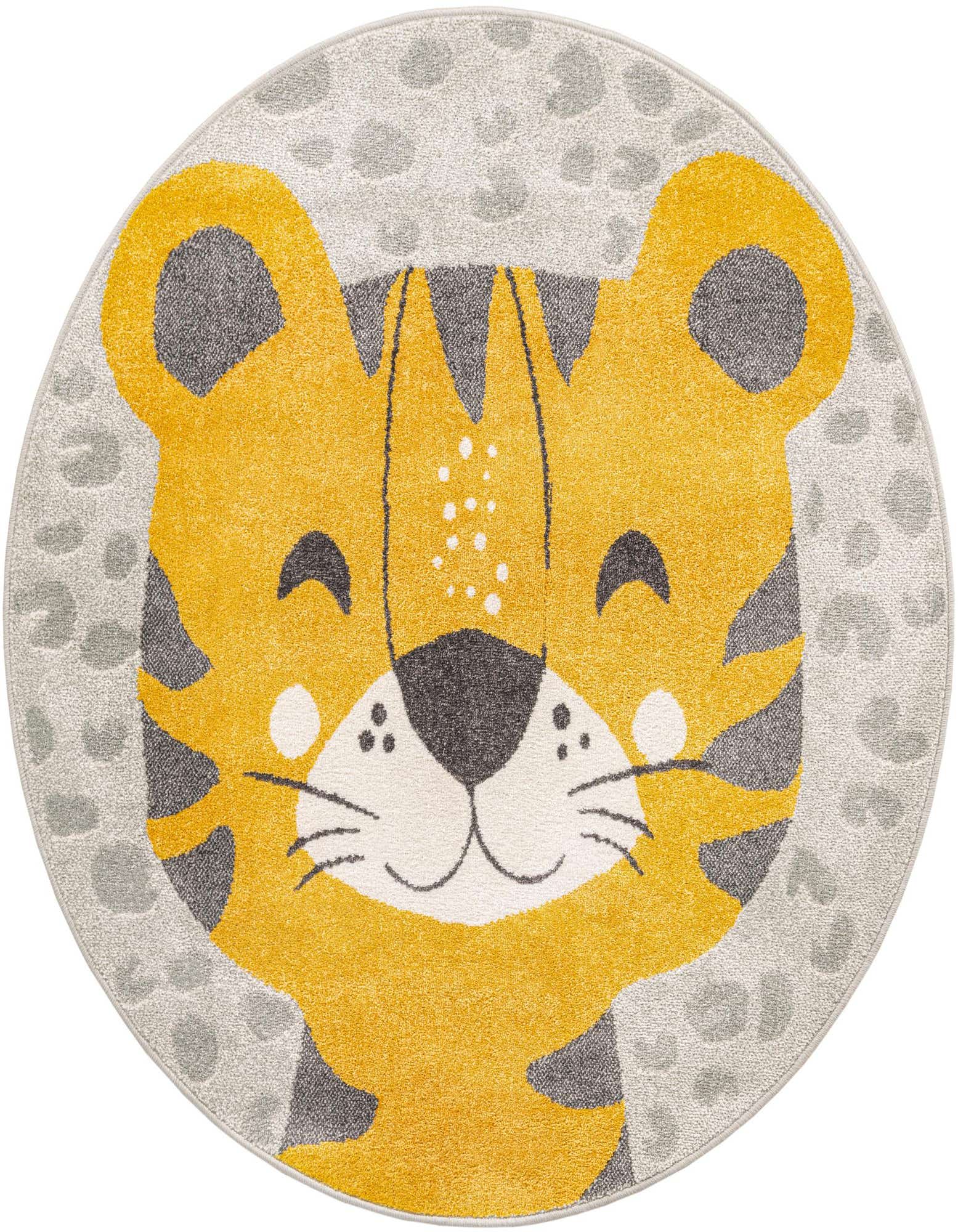 A round gray rug featuring a smiling cartoon tiger face with yellow, black, and white details, on a leopard print background.