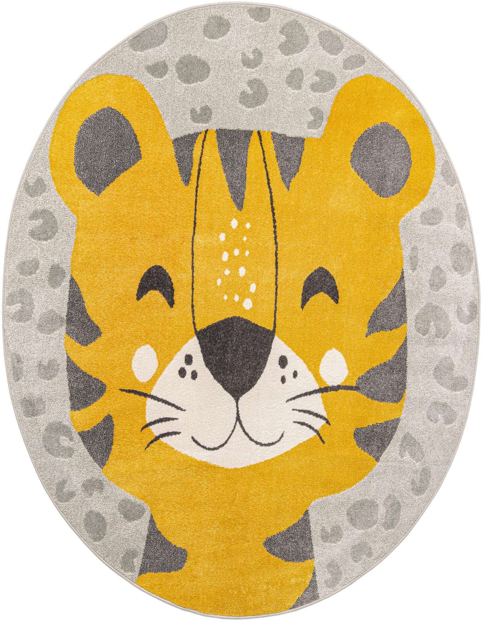 A round gray rug featuring a friendly yellow and black tiger face with a subtle leopard print border, perfect for a child's room.