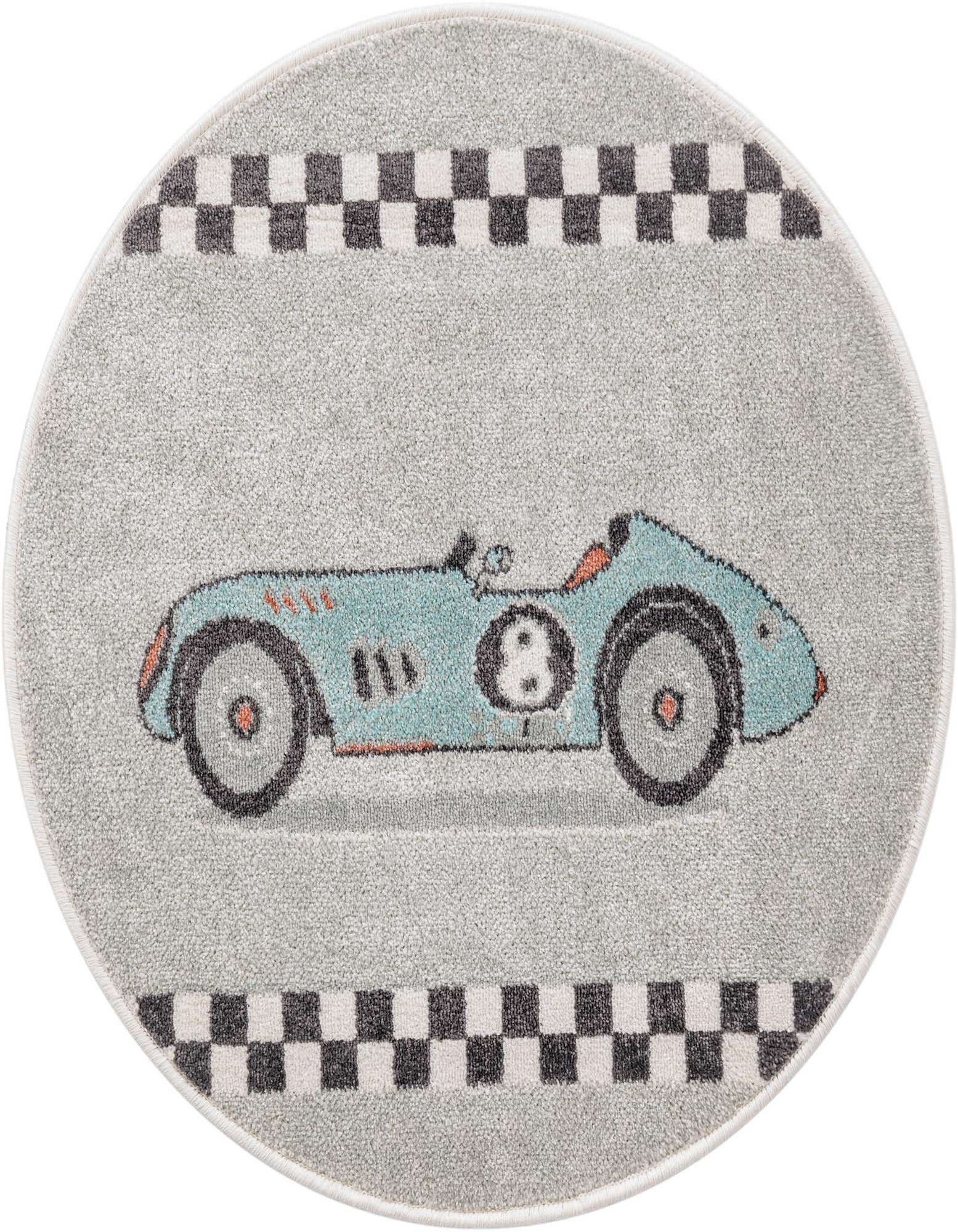 A round gray rug featuring a light blue race car with the number 8, bordered by black and white checkered flags.
