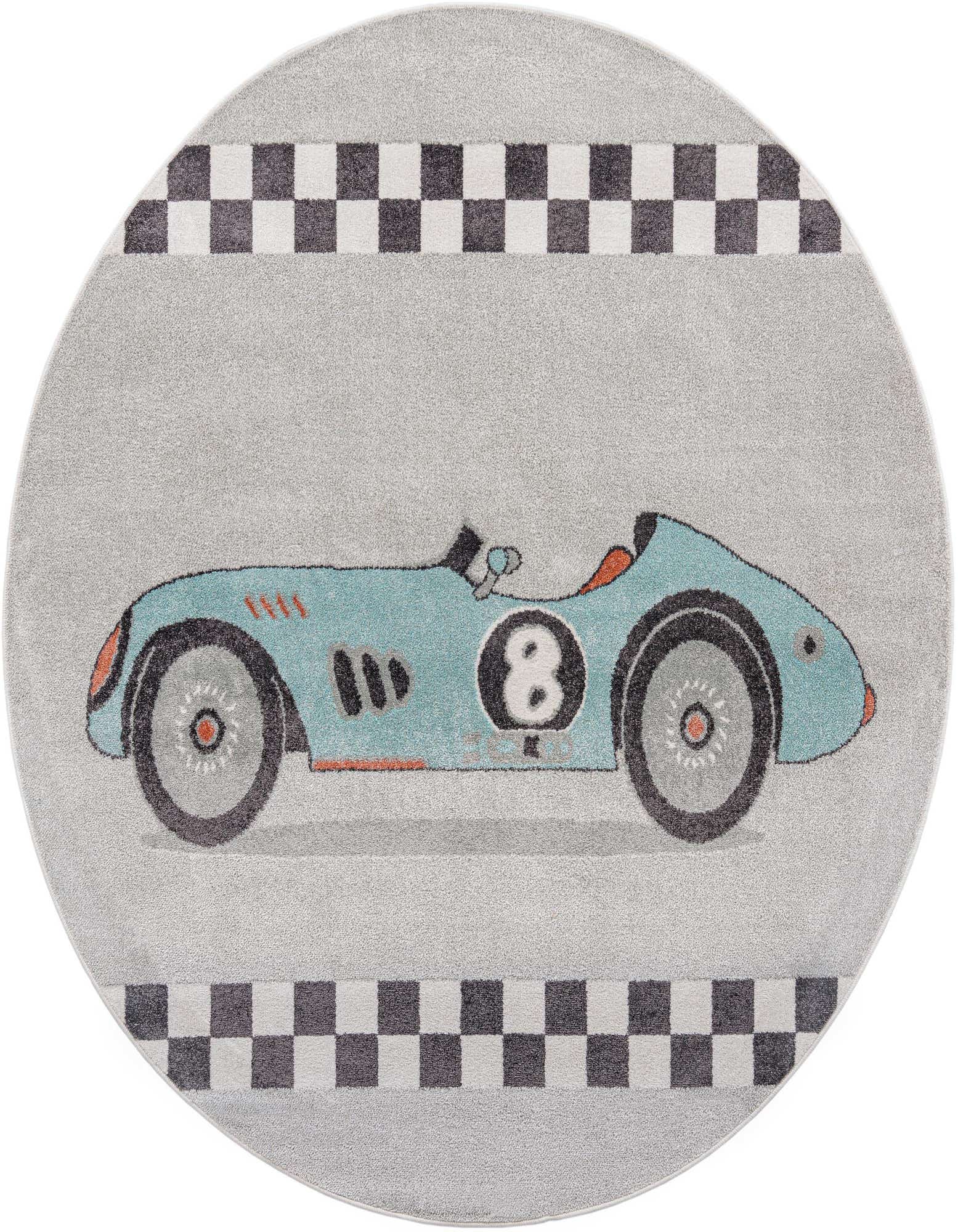 Round gray rug featuring a light blue vintage race car with the number 8, bordered by black and white checkered flags.
