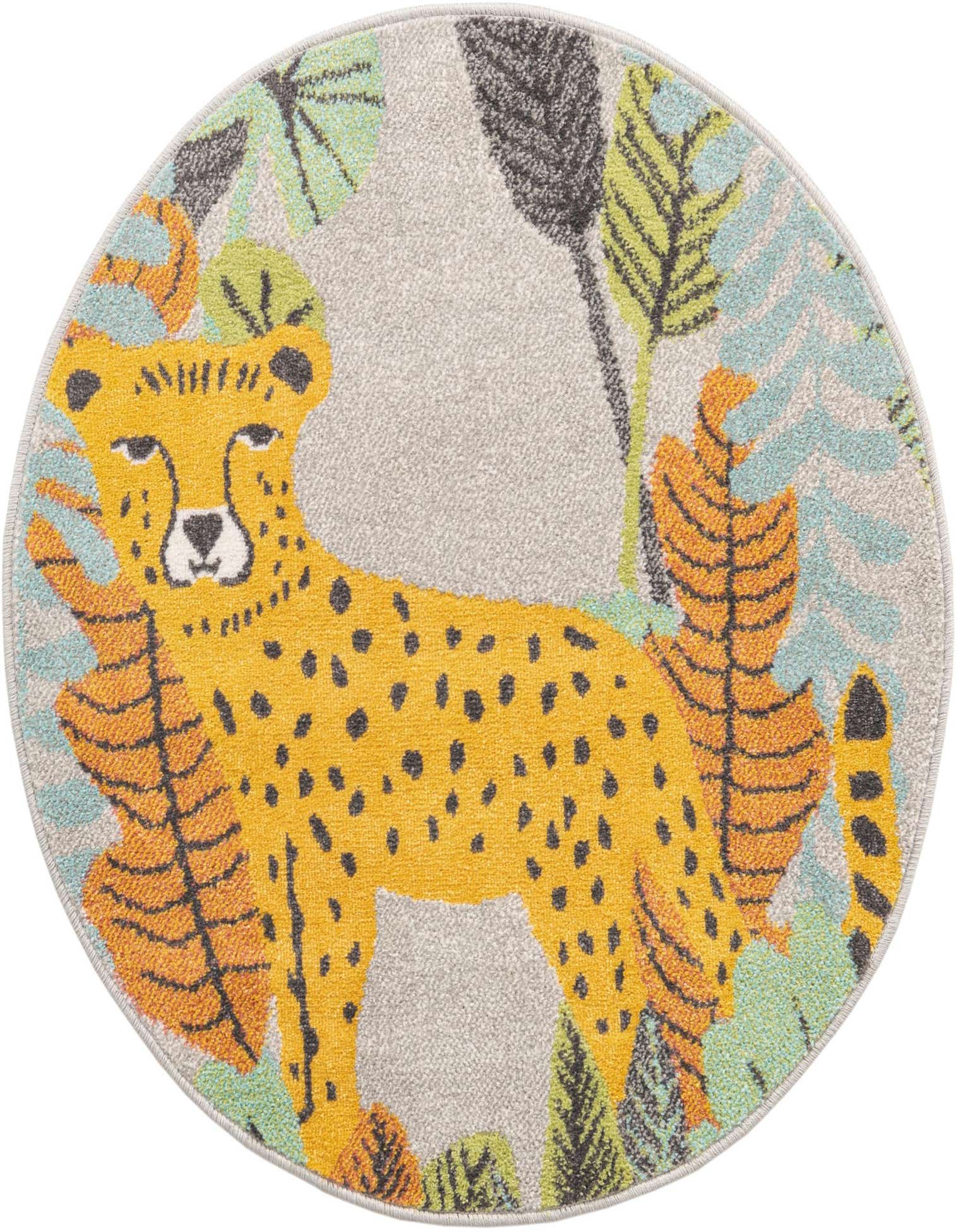 A round gray rug featuring a vibrant yellow cheetah with black spots, surrounded by green, orange, and blue jungle leaves.