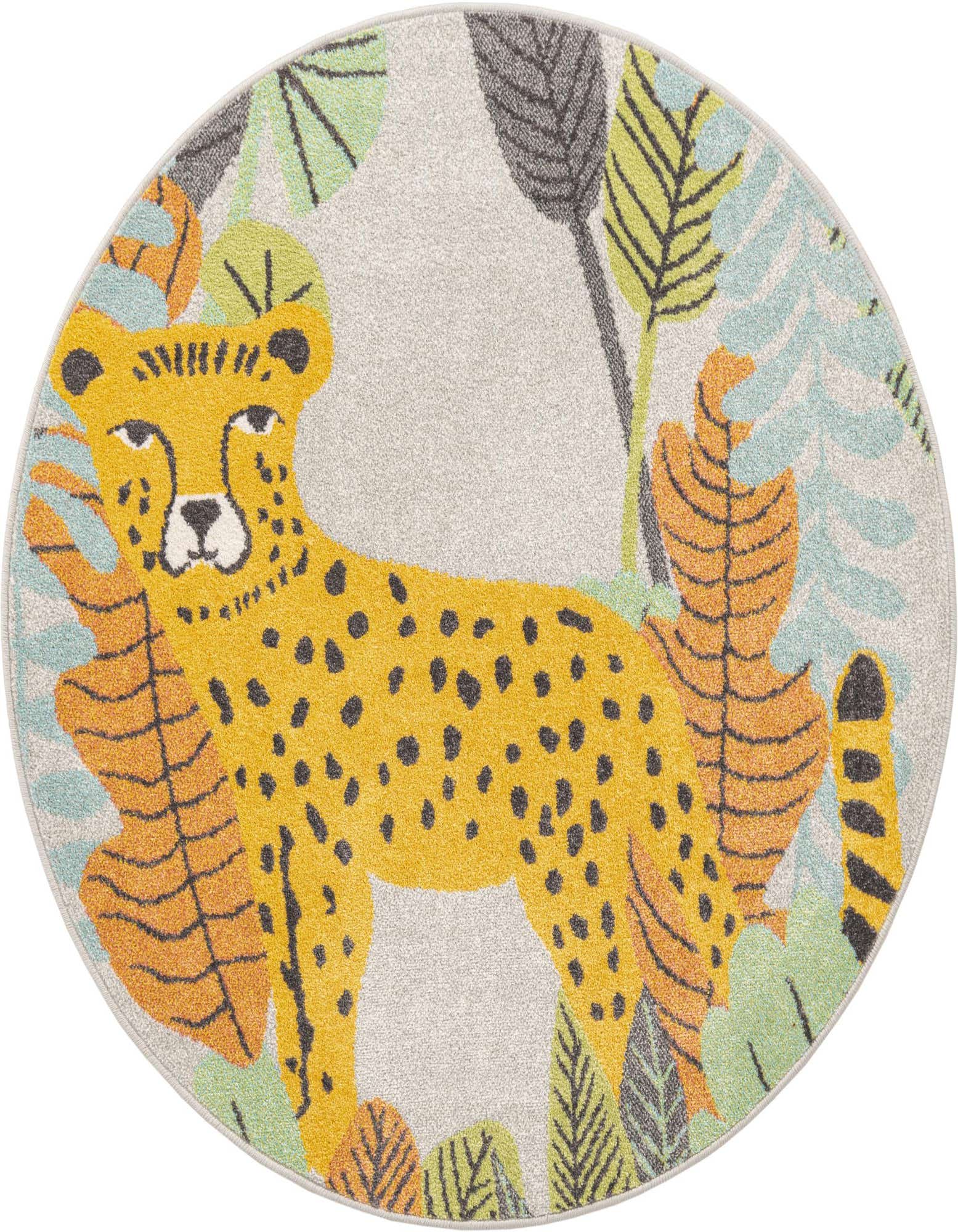 A round gray rug featuring a vibrant yellow cheetah with black spots, surrounded by colorful jungle leaves in orange, green, and blue.