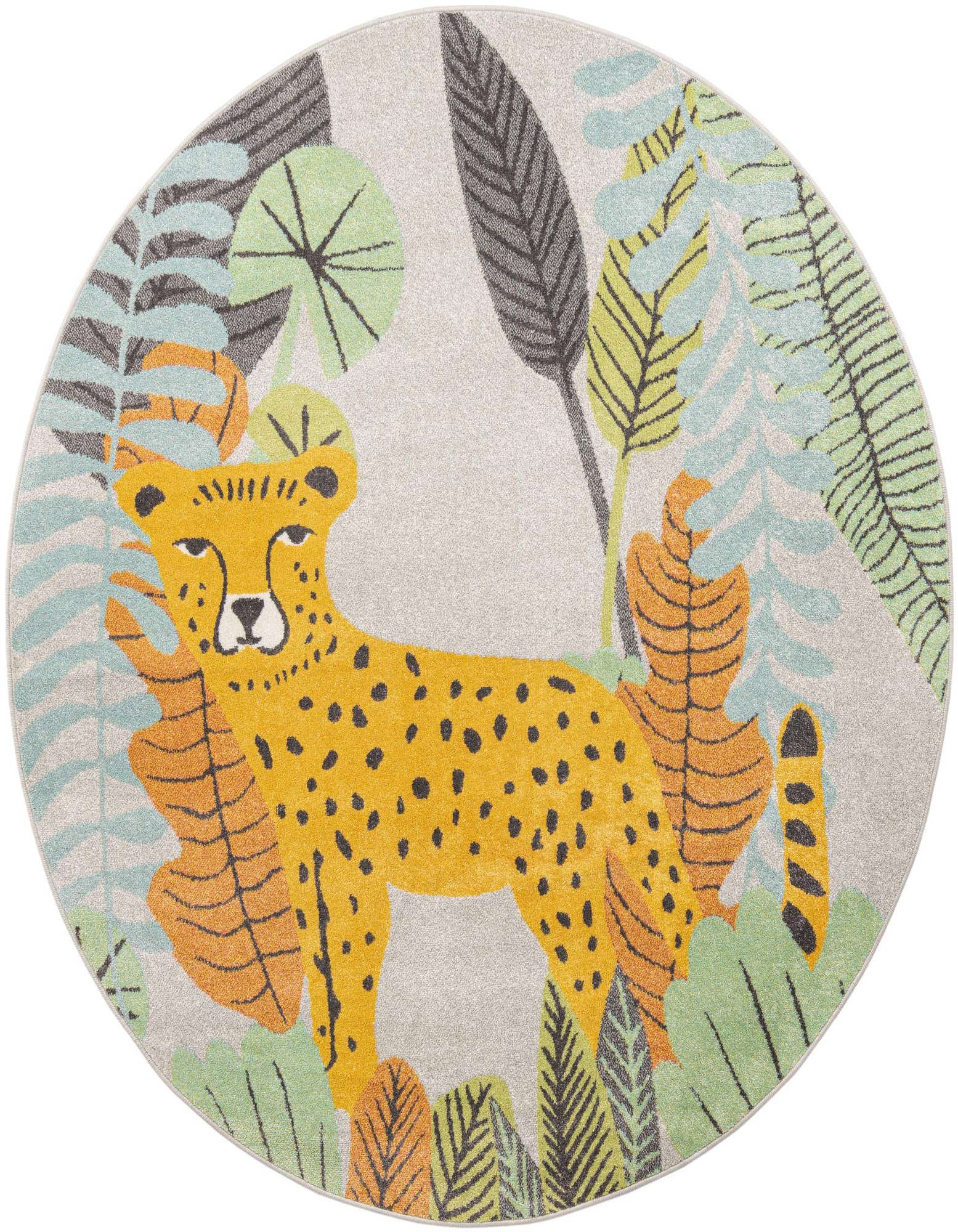 A round gray rug featuring a yellow cheetah with black spots surrounded by colorful jungle leaves in blues, greens, and oranges, perfect for a child's room.
