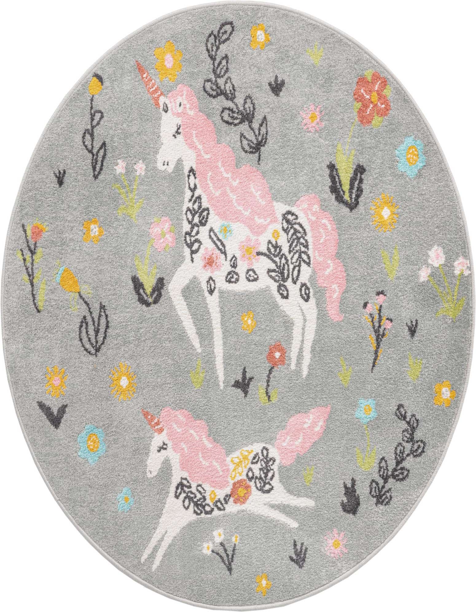 A round gray rug featuring two white unicorns with pink manes and tails, surrounded by colorful flowers and foliage.