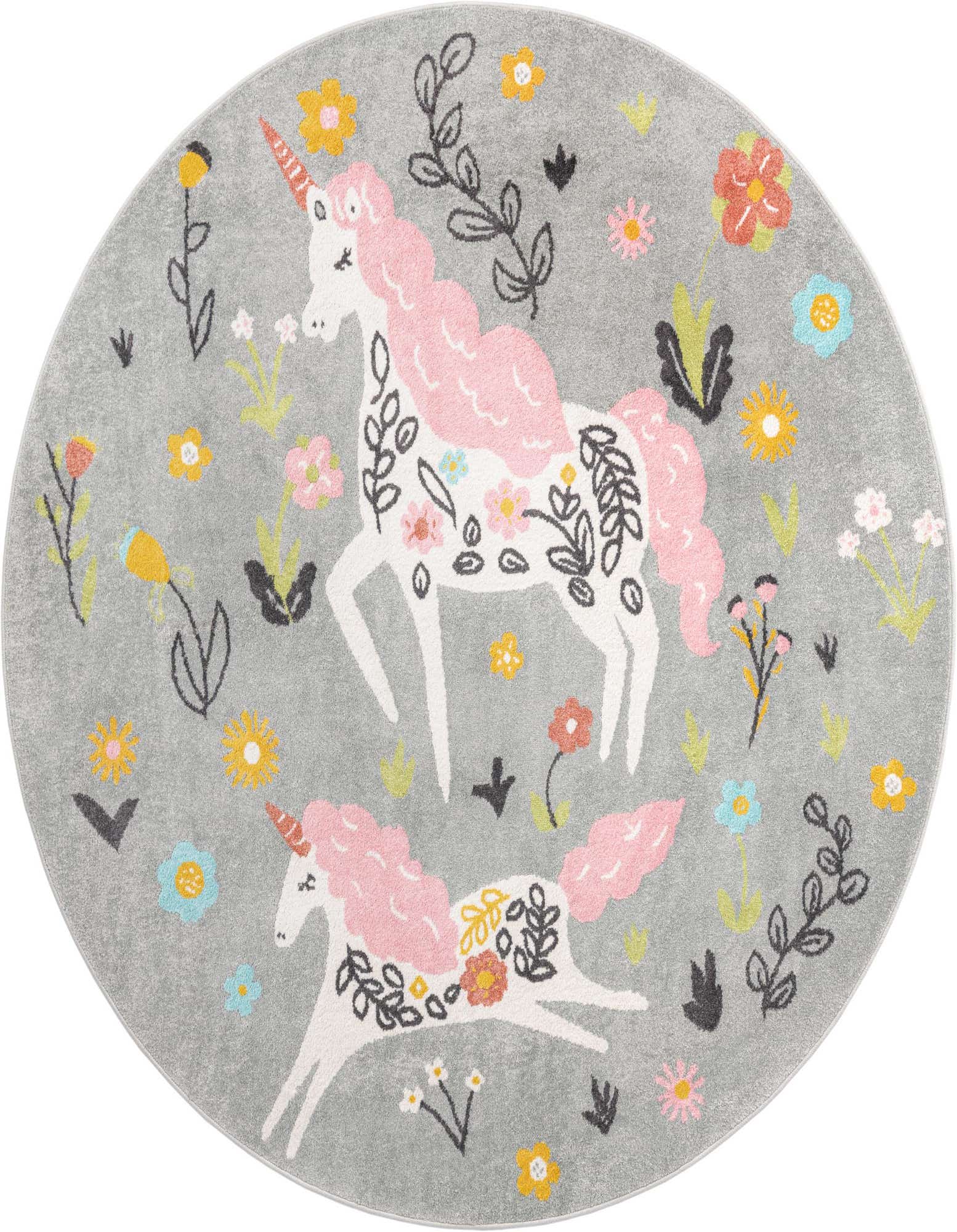 Round gray rug with two white unicorns featuring pink manes and tails, surrounded by colorful flowers and green foliage.