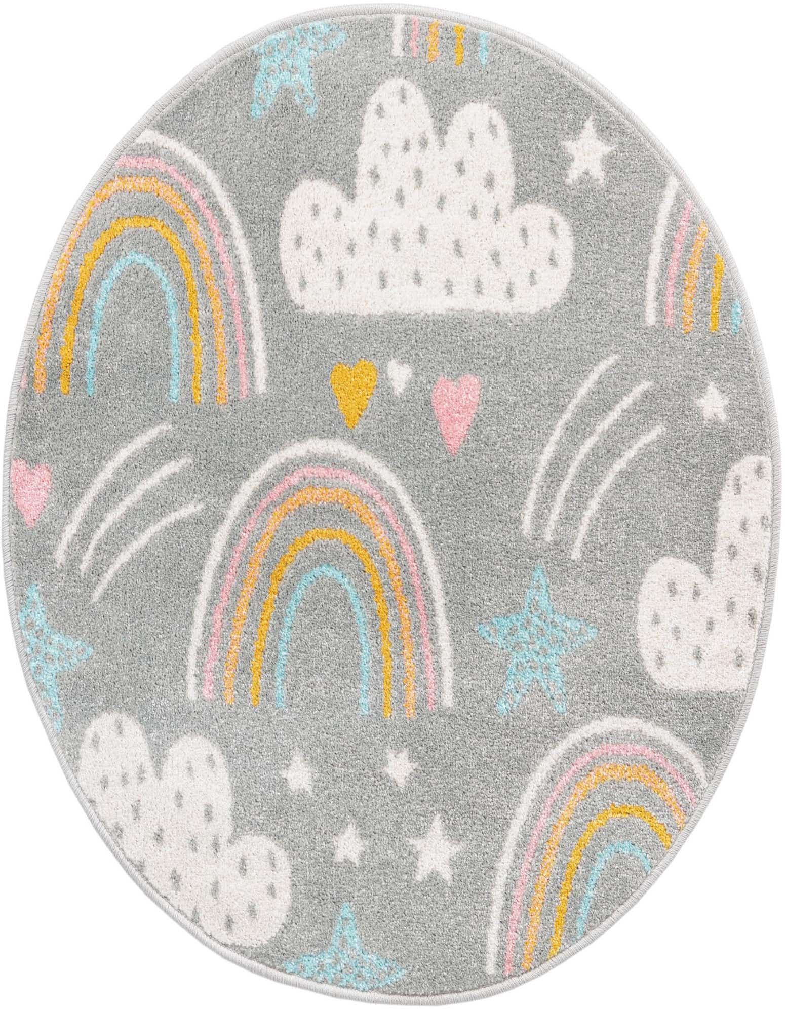 A round gray rug with a playful pattern of pastel rainbows, white clouds, and colorful stars and hearts.