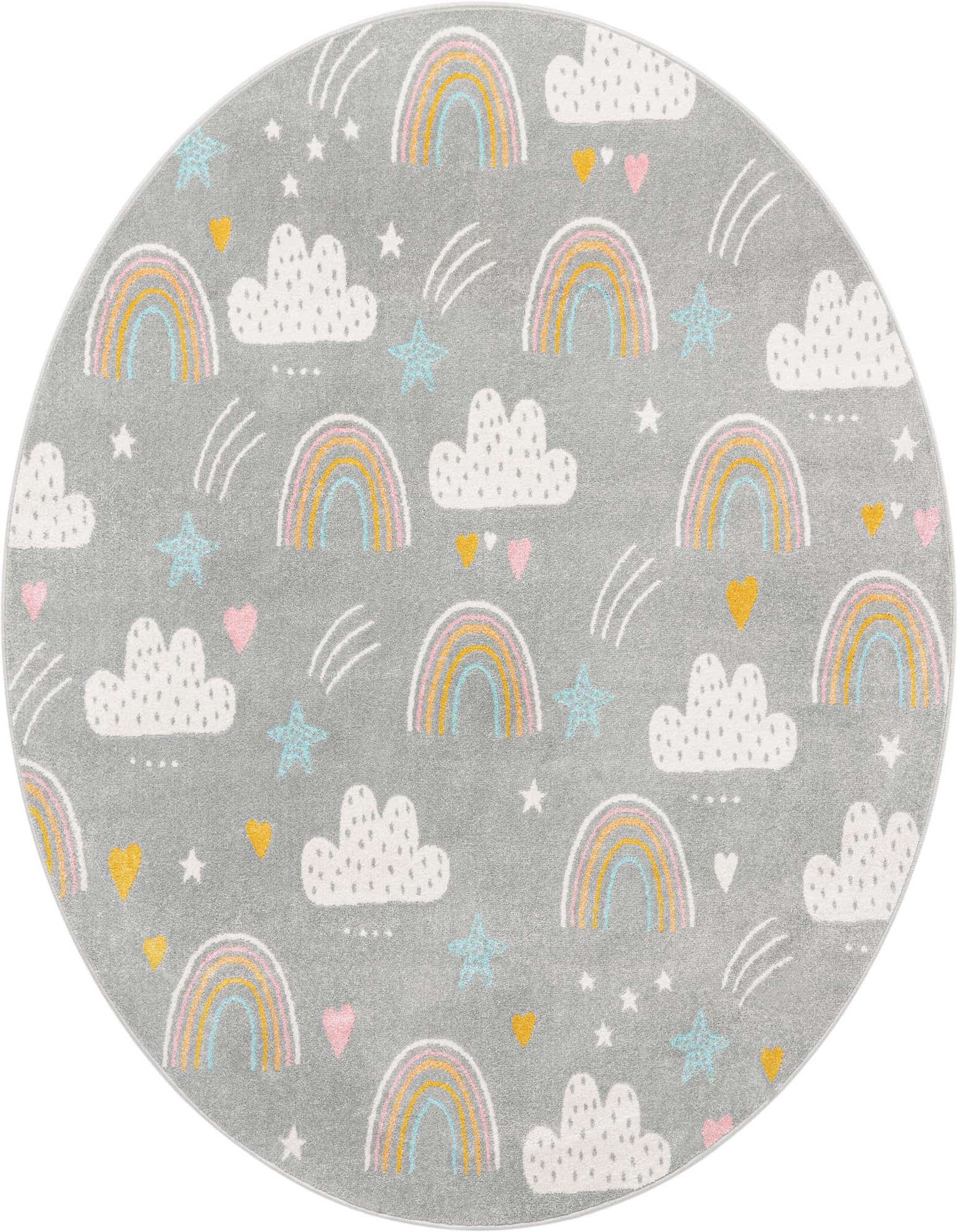 A round gray rug with a playful pattern of pastel rainbows, white clouds, shooting stars, and small hearts.