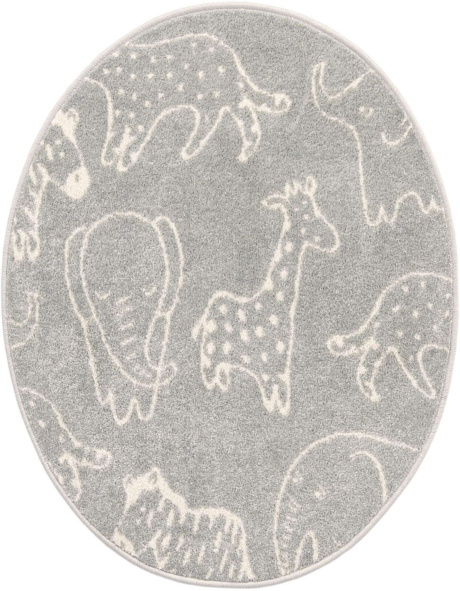 A round gray rug with white outlines of various safari animals like giraffes, elephants, and lions, perfect for a kid's room.