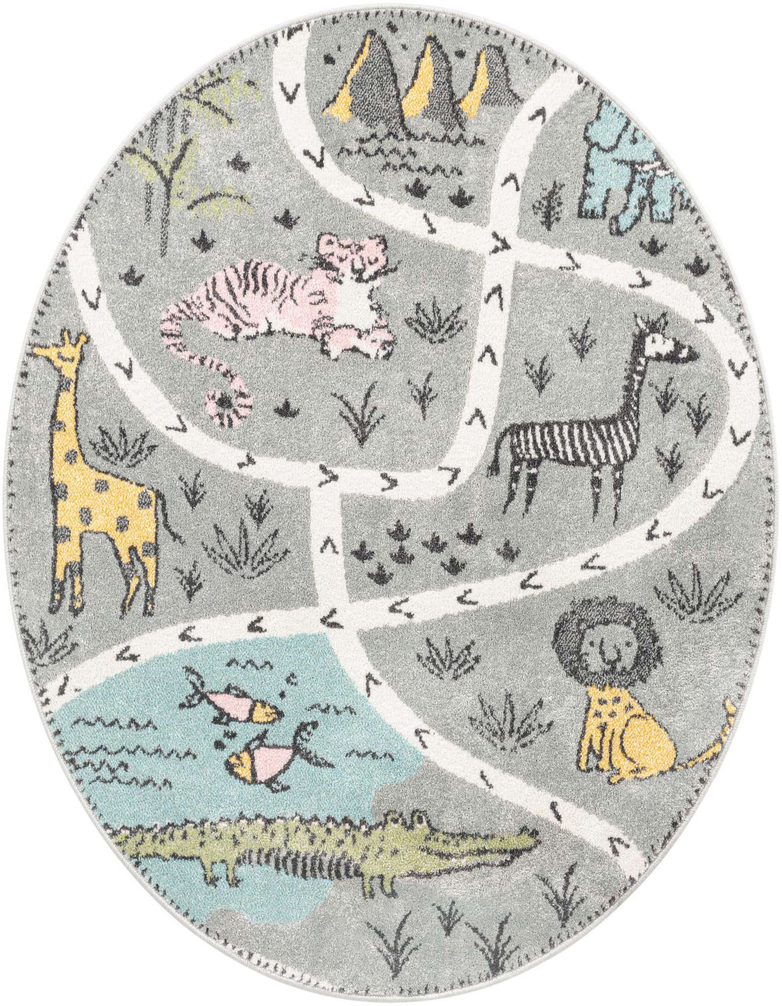 Round gray rug with a playful safari animal map design, featuring a giraffe, tiger, zebra, lion, elephant, crocodile, and fish.