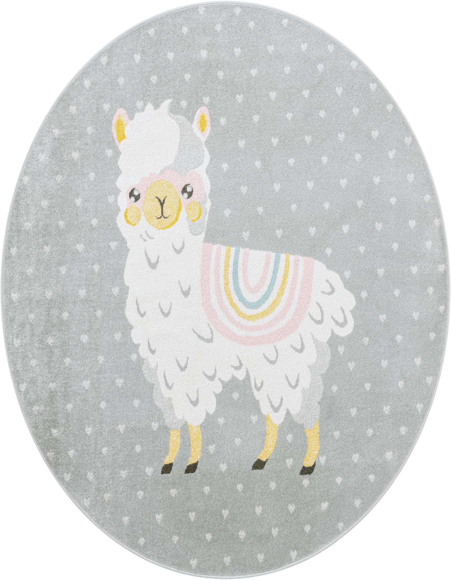 A round gray rug with a cute white llama wearing a pastel rainbow blanket, surrounded by tiny white hearts.