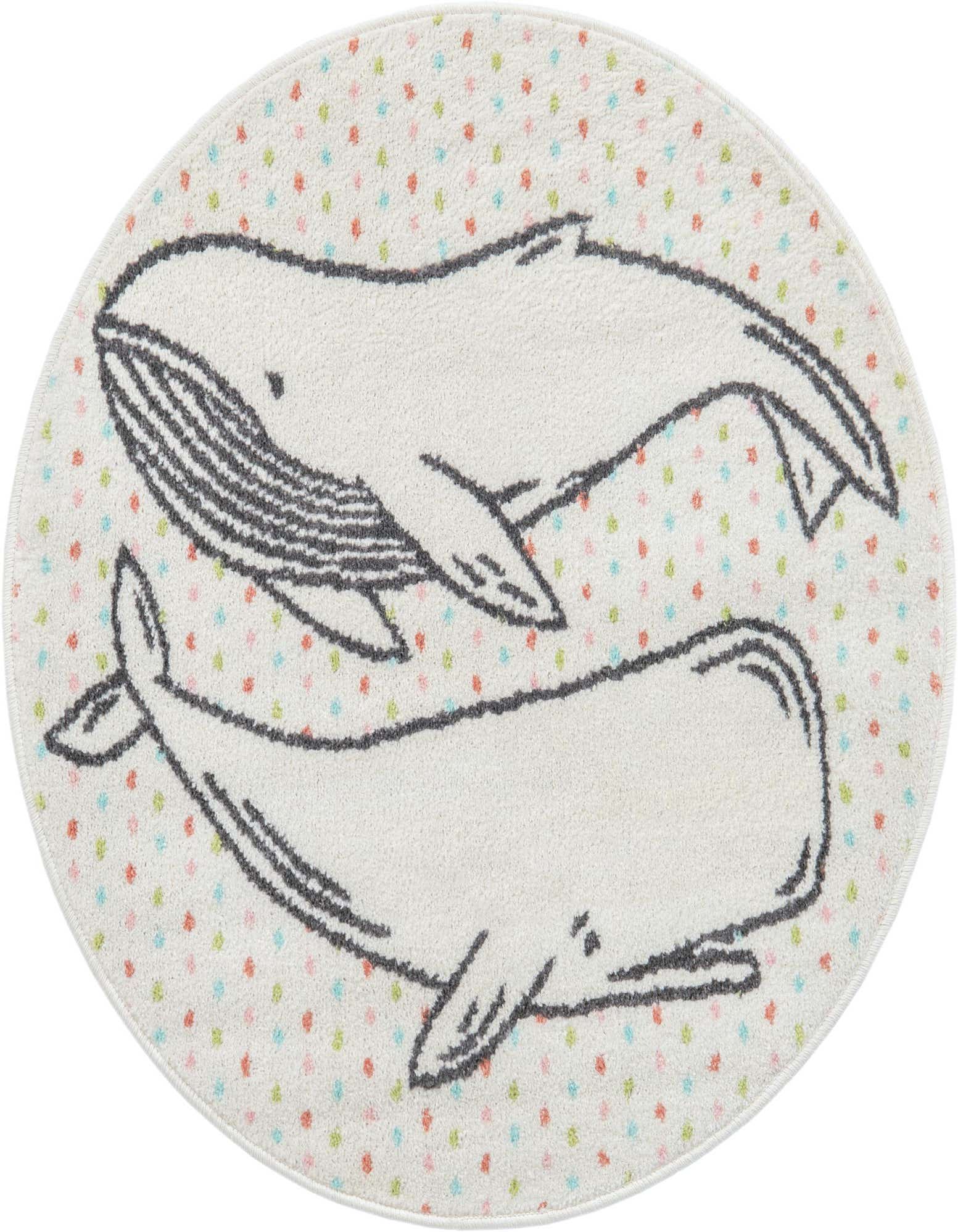 Round white rug with two gray whales and colorful polka dots, perfect for a child's room.