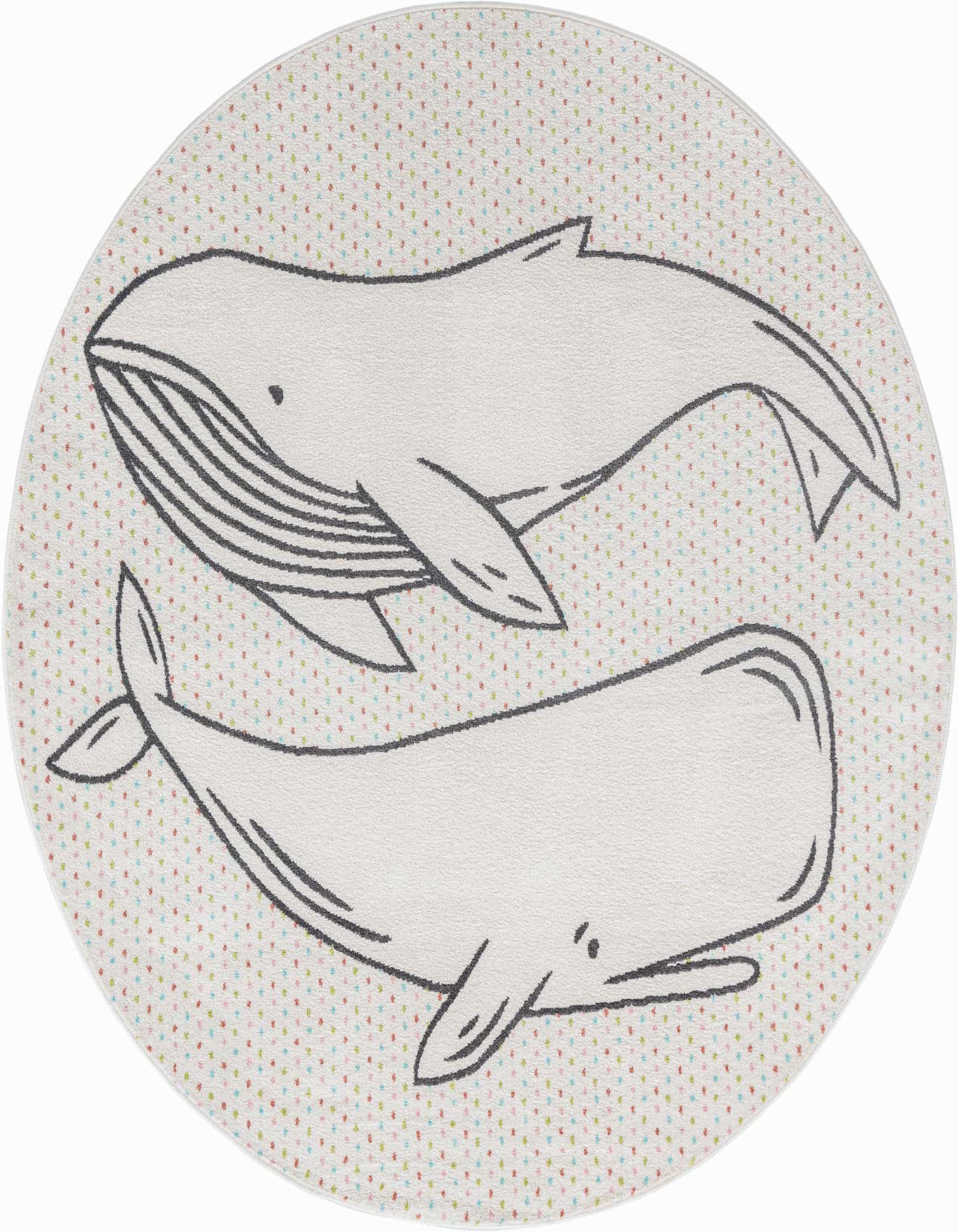 Round indoor rug with two gray whales on a white background with colorful polka dots, perfect for a kid's room.