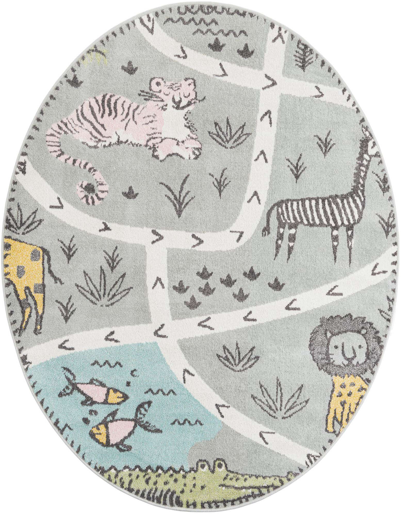 A round gray kids' rug featuring a playful safari map with a pink tiger, zebra, giraffe, lion, crocodile, and fish.